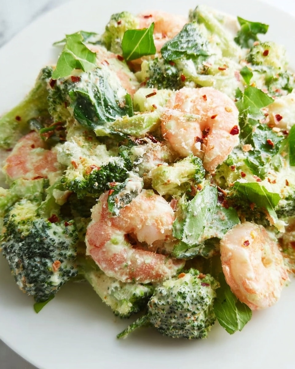 Large white serving bowl filled with a creamy shrimp and broccoli salad, showcasing plump, tender shrimp nestled among vibrant green broccoli florets, all coated in a light, tangy dressing speckled with red pepper flakes and fresh herbs, sprinkled with grated cheese for added texture, presented on a clean white marble surface with natural lighting for a fresh, appetizing look, professional food styling photo taken with an iphone --ar 4:5 --v 7