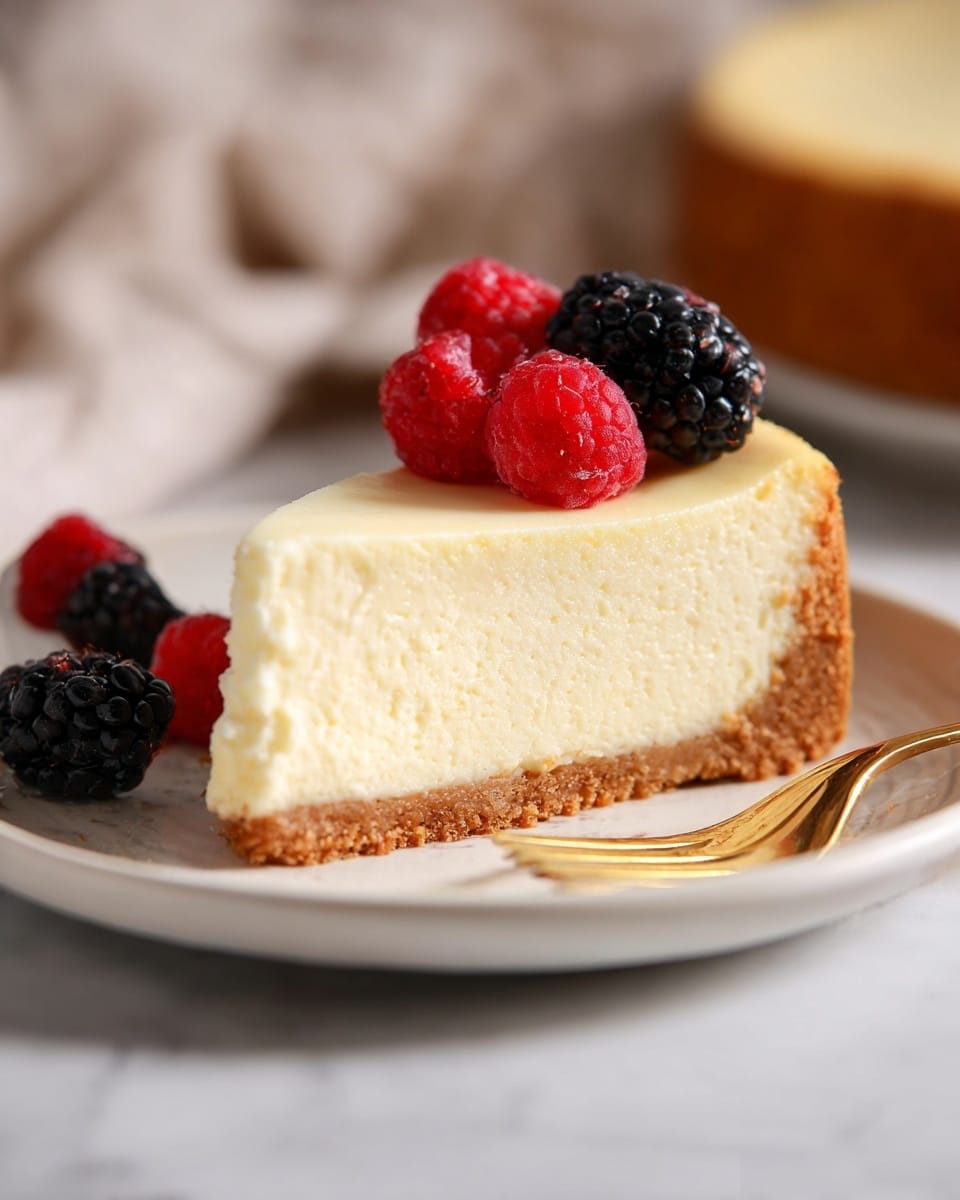 Whole creamy classic New York cheesecake on a white marble cake stand, smooth pale yellow top with a thick golden brown graham cracker crust, uncut and fully intact, surrounded by scattered fresh raspberries and blackberries, photographed from a 3/4 angle on a white marble countertop under natural lighting, styled as a hero shot in a food magazine photo taken with an iphone --ar 4:5 --v 7