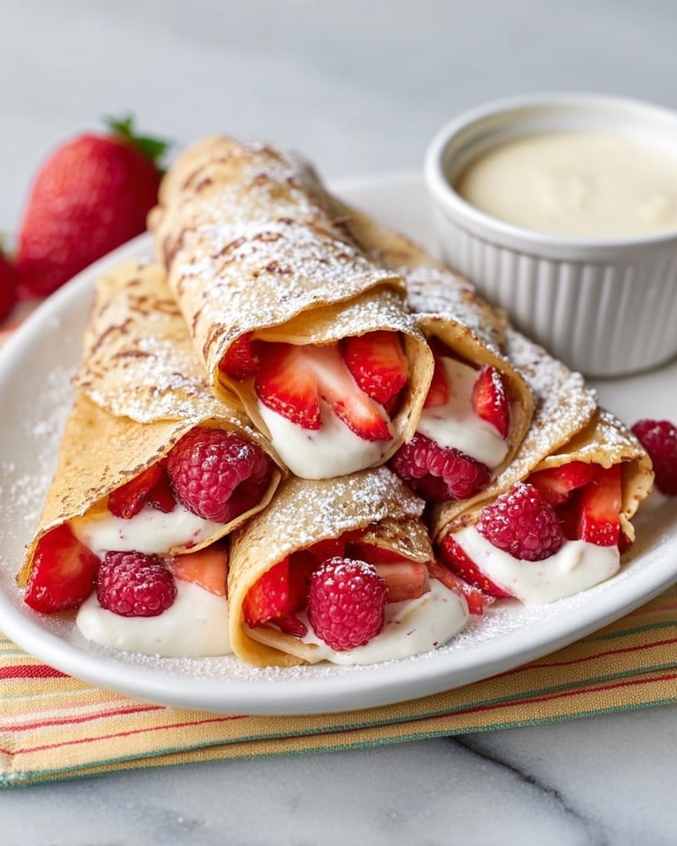 Large white oval platter filled with a stack of whole crepes, each perfectly rolled and generously filled with fresh sliced strawberries, whole raspberries, and smooth cream, lightly dusted with powdered sugar, accompanied by a small white bowl of additional creamy topping in the background, presented on a white marble countertop under natural lighting, professional food styling photo taken with an iphone --ar 4:5 --v 7