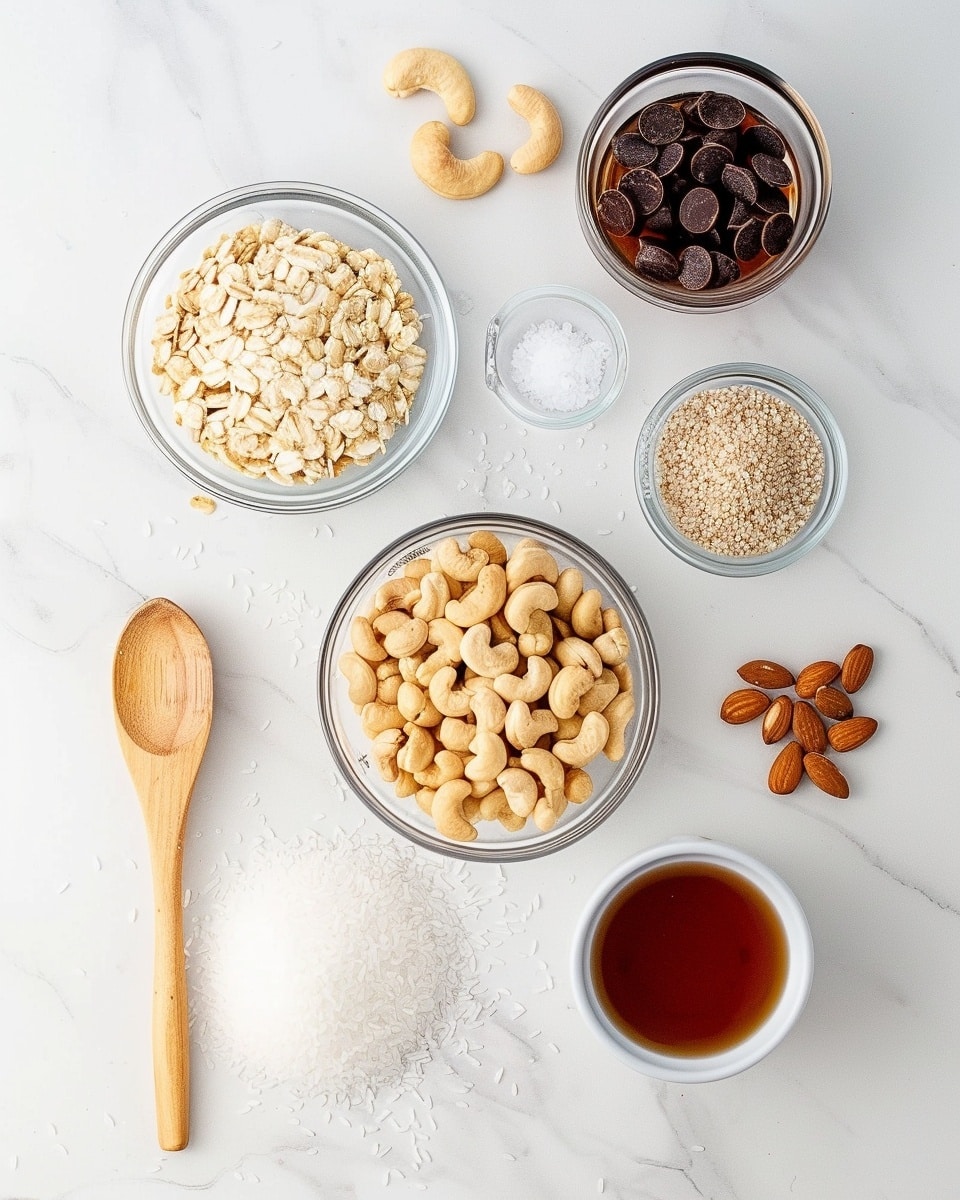 Single white plate featuring one thick granola bar slice loaded with whole almonds, cashews, and clusters of puffed rice, generously drizzled with dark chocolate revealing the nutty, textured interior, slight sprinkle of sea salt glistening atop, angled close-up view highlighting the glossy chocolate base and crunchy nut layers, set on white marble surface with natural light, styled like a food blog single serving photo taken with an iphone --ar 4:5 --v 7
