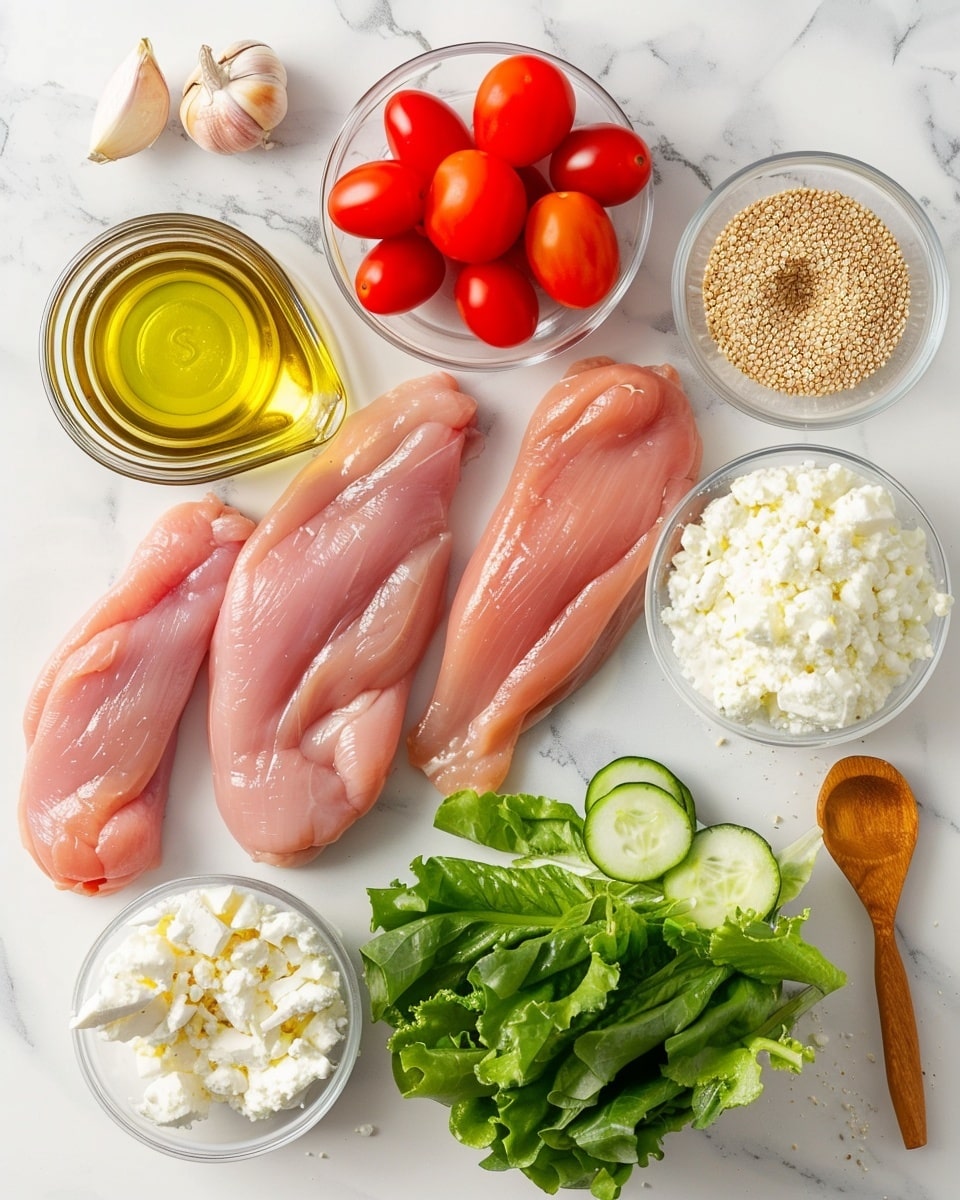Single white bowl with a close-up view of a single serving of a vibrant Greek salad bowl featuring grilled sliced chicken seasoned with herbs, diced cucumbers, finely chopped red onions, halved cherry tomatoes, crumbled feta cheese, and a generous dollop of tzatziki sauce in the center, accompanied by a lemon wedge on the side, all arranged neatly on a bed of fresh greens, natural light illuminating the fresh textures and colors, placed on a white marble surface, intimate plated serving photo taken with an iphone --ar 4:5 --v 7