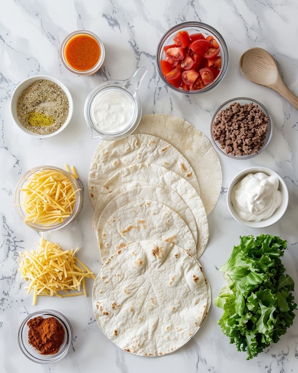 Single white plate with one stacked serving of a folded quesadilla slice revealing a rich, textured interior of seasoned ground beef, melted sharp cheddar cheese, and fresh shredded lettuce, accented with diced red tomato pieces on top and scattered around the plate, close-up angled shot to emphasize the layers of meat and cheese with the soft, toasted tortilla exterior, natural daylight on a white marble background, styled as a ready-to-eat portion from a food blog, photo taken with an iphone --ar 4:5 --v 7