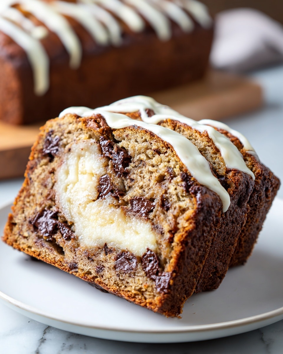 Whole loaf of moist chocolate chip banana bread with swirls of cream cheese filling visible through the golden brown crust, drizzled with a delicate white icing on top, presented whole on a white plate, photographed from a 3/4 angle on a white marble surface with natural lighting, styled like a high-end food magazine hero shot, photo taken with an iphone --ar 4:5 --v 7