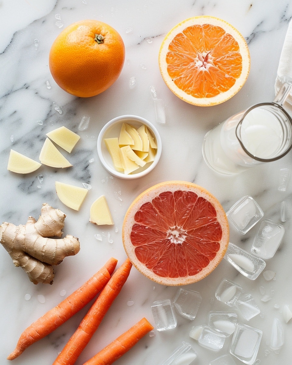 A single clear glass filled with a vibrant yellow-orange smoothie made from fresh citrus and ginger, showing a creamy, slightly textured surface, garnished with a natural paper straw, placed on a white plate with a fresh lemon wedge on the side, set against a white marble background, natural lighting highlighting the smooth, thick consistency and flecks of ginger and citrus zest, styled as a fresh, ready-to-drink single serving from a food blog, photo taken with an iphone --ar 4:5 --v 7