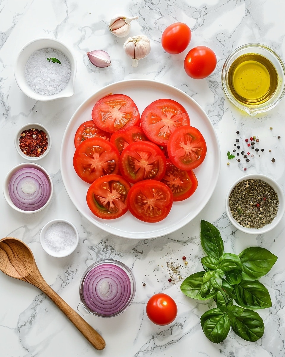 Single white plate holding a neatly arranged serving of marinated tomato slices topped with finely chopped red onion, fresh parsley, and dill, glistening with olive oil and herbs, close-up angle emphasizing the juicy interior and seed details of the tomato slices, natural lighting highlighting the vibrant red and green colors, placed on a white marble surface, intimate plated serving photo taken with an iphone --ar 4:5 --v 7