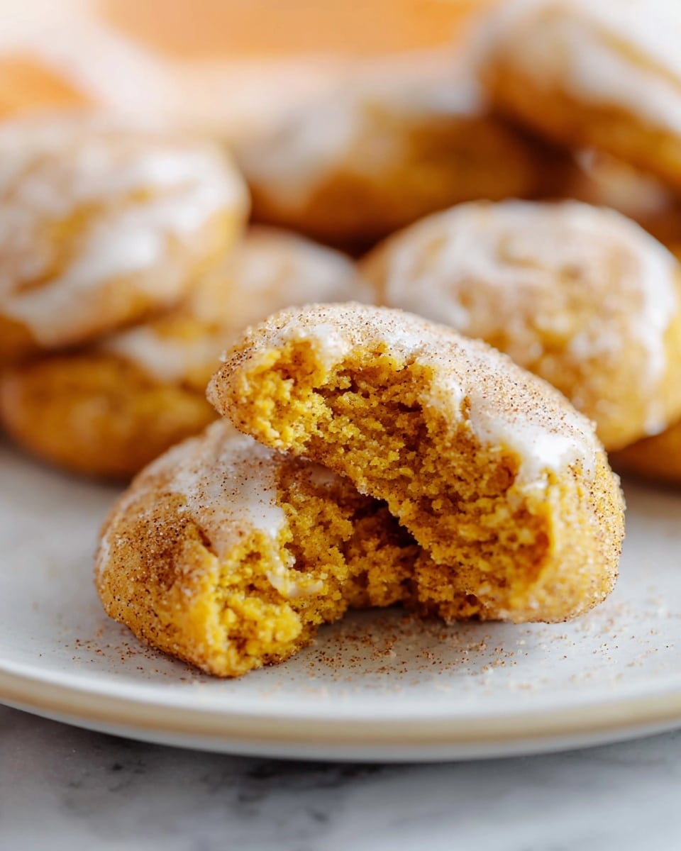 White rectangular platter filled with a full batch of soft pumpkin cookies topped generously with white cream cheese frosting and sprinkled with cinnamon sugar, cookies arranged closely together to display their round, fluffy texture and inviting golden-orange color, photographed at a 3/4 angle on a white marble surface with natural lighting, professional food styling photo taken with an iphone --ar 4:5 --v 7