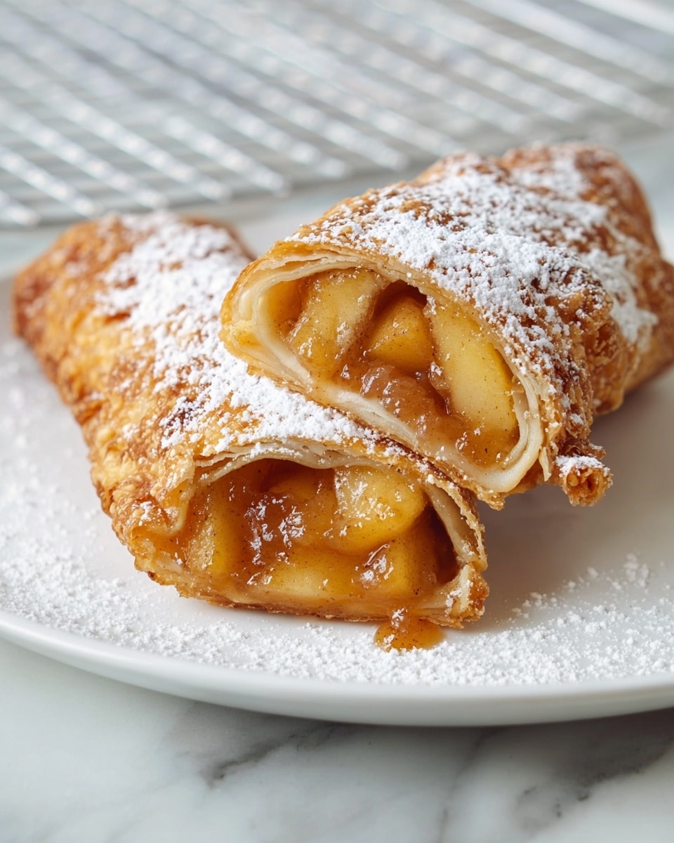 A white rectangular platter filled with a generous pile of golden-brown fried apple-filled pastries, each wrapped tightly with crispy, bubbly texture and dusted with powdered sugar. The pastries are arranged to showcase their plump, stuffed interiors brimming with warm, spiced apple filling glistening with syrup, creating an inviting and indulgent dessert presentation. The entire dish is captured in a professional 3/4 angle shot on a white marble countertop with natural lighting, emphasizing the textures and colors like a hero shot from a food magazine, photo taken with an iphone --ar 4:5 --v 7