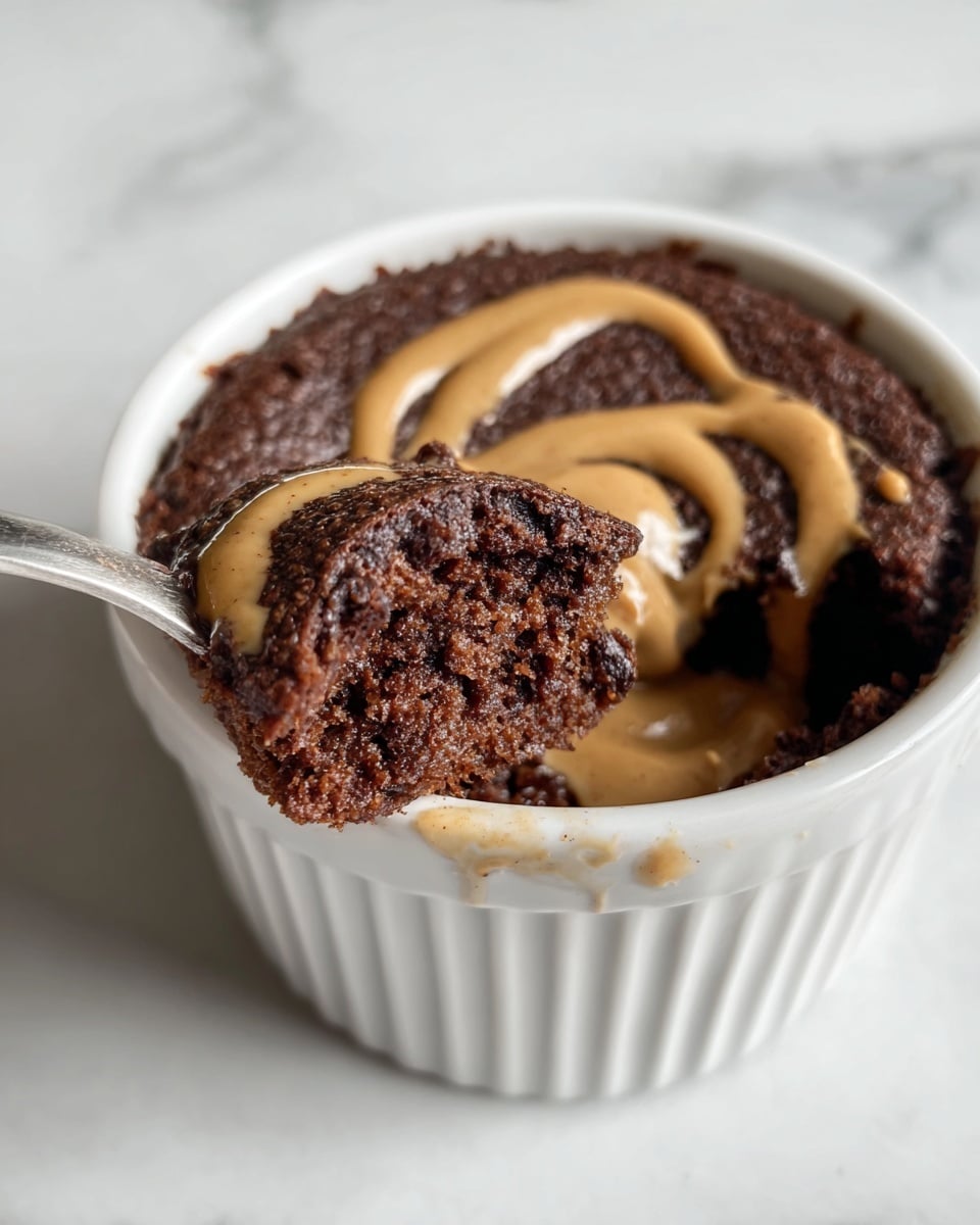 Large white ceramic ramekin filled with a whole, moist chocolate mug cake topped and drizzled generously with creamy peanut butter, showing a rich, fudgy texture under natural lighting, presented on a white marble countertop, photographed from a professional 3/4 angle to highlight the entire uncut dessert, like a hero shot from a food magazine, photo taken with an iphone --ar 4:5 --v 7