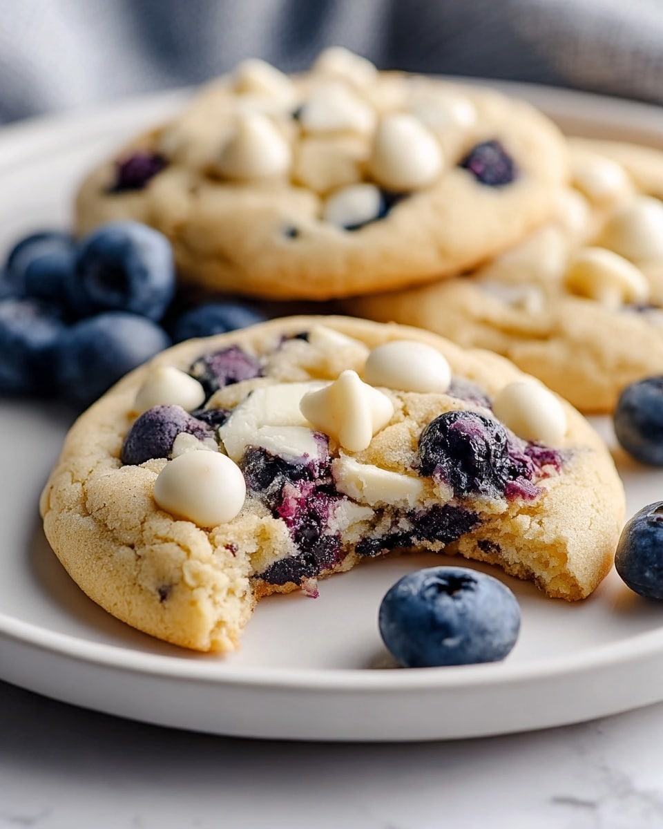 Large white ceramic plate filled with a full batch of freshly baked blueberry cookies studded generously with white chocolate chips, perfectly round and golden-brown with visible juicy blueberries bursting through the dough, scattered fresh blueberries as garnish around the cookies, photographed from a 3/4 angle on a white marble countertop with natural lighting, styled like a hero shot from a food magazine, photo taken with an iphone --ar 4:5 --v 7