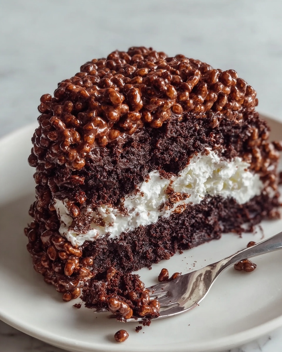 Large white rectangular glass baking dish filled with a rich layered chocolate dessert, featuring a dense moist chocolate cake base topped with a thick layer of creamy white frosting and finished with a generous topping of shiny chocolate crispy rice clusters, whole dish photographed from a 3/4 angle on a white marble countertop, natural lighting, professional food magazine hero shot, photo taken with an iphone --ar 4:5 --v 7