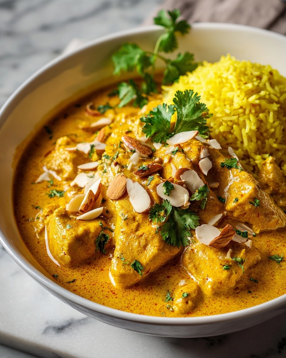 Large black cooking pan filled with creamy golden chicken curry, garnished with whole parsley sprigs and sliced almonds, placed next to a large white bowl filled with vibrant yellow rice, accompanied by several pieces of flatbread sprinkled with herbs, entire dish presented on a rustic dark tabletop with a natural white marble background, photographed from a 3/4 angle with natural lighting, professional food magazine style photo taken with an iphone --ar 4:5 --v 7