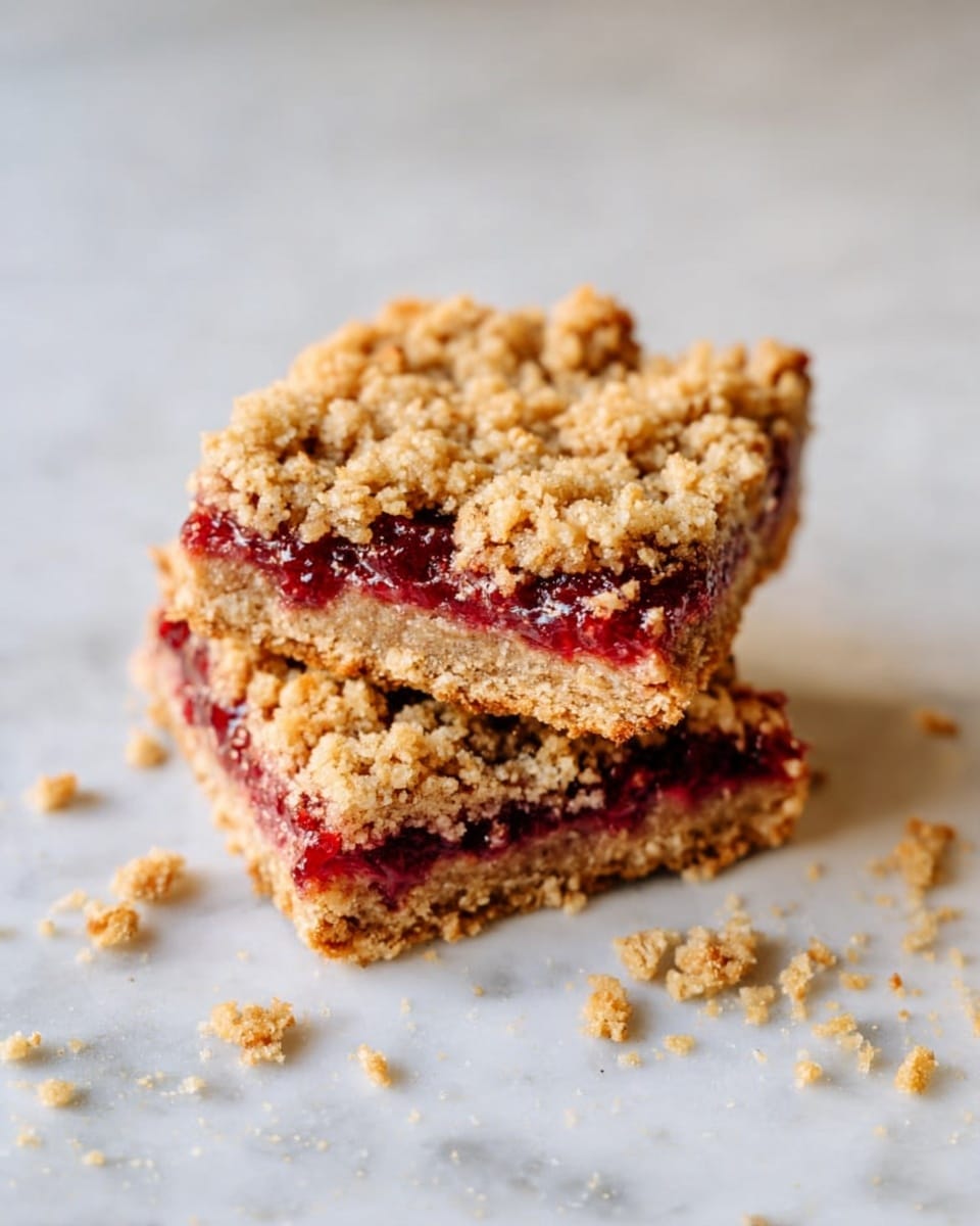 Large white rectangular baking dish filled with an uncut, whole batch of golden oat and jam bars, showcasing a thick, crumbly oat crust and topping layered with vibrant red fruit jam peeking through, the entire dessert neatly set and intact, photographed from a professional 3/4 angle on a white marble countertop with natural lighting, styled as a hero shot for a food magazine, photo taken with an iphone --ar 4:5 --v 7