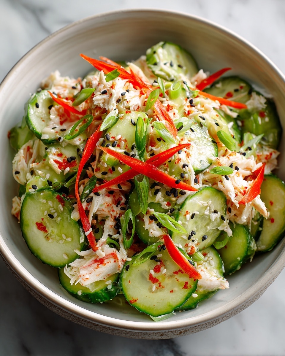 Large white ceramic bowl filled with a vibrant cucumber crab salad, featuring thinly sliced crisp cucumbers mixed evenly with shredded crab meat, garnished with thin strips of red pepper, finely chopped green onions, and a generous sprinkle of black and white sesame seeds, displayed as a whole dish photographed from a 3/4 angle on a white marble countertop with natural lighting, professional food styling photo taken with an iphone --ar 4:5 --v 7