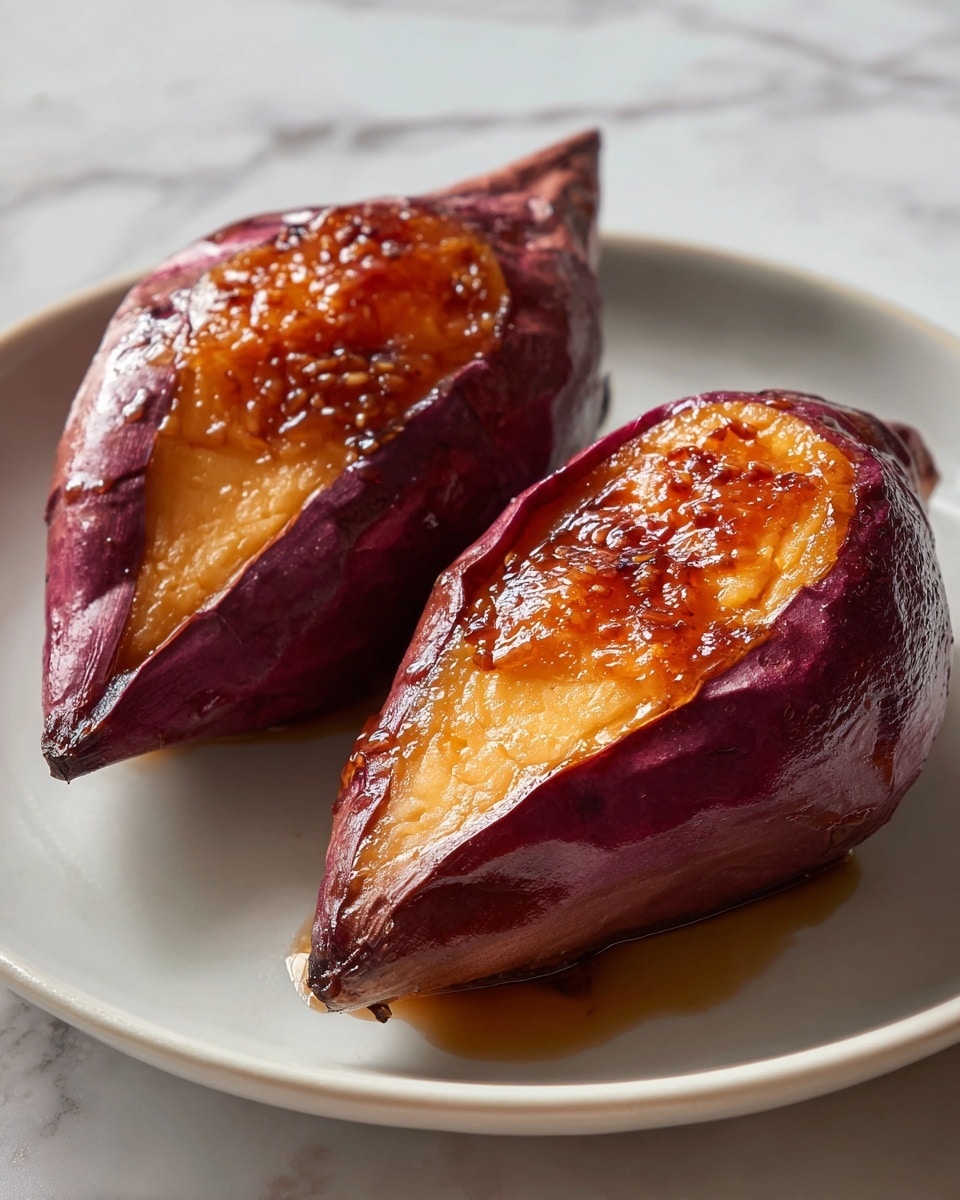 Two whole uncut roasted purple sweet potatoes with caramelized golden tops, displayed on a large white plate, showcasing their rich and glossy glaze with a warm, inviting texture, photographed from a professional 3/4 angle on a white marble countertop with natural lighting, like a hero food magazine shot, photo taken with an iphone --ar 4:5 --v 7