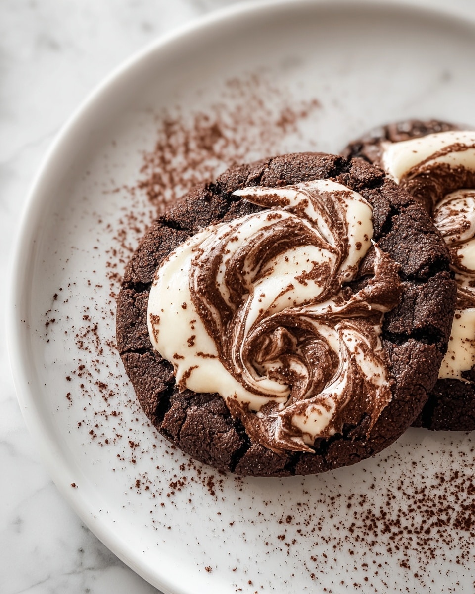 A white rectangular serving platter featuring a full batch of freshly baked chocolate cookies swirled with melted marshmallow topping, each cookie perfectly round and uniformly spaced on a pristine white marble countertop, showcasing the rich texture and glossy marshmallow swirls under natural lighting, styled as a professional hero shot from a food magazine, photo taken with an iphone --ar 4:5 --v 7