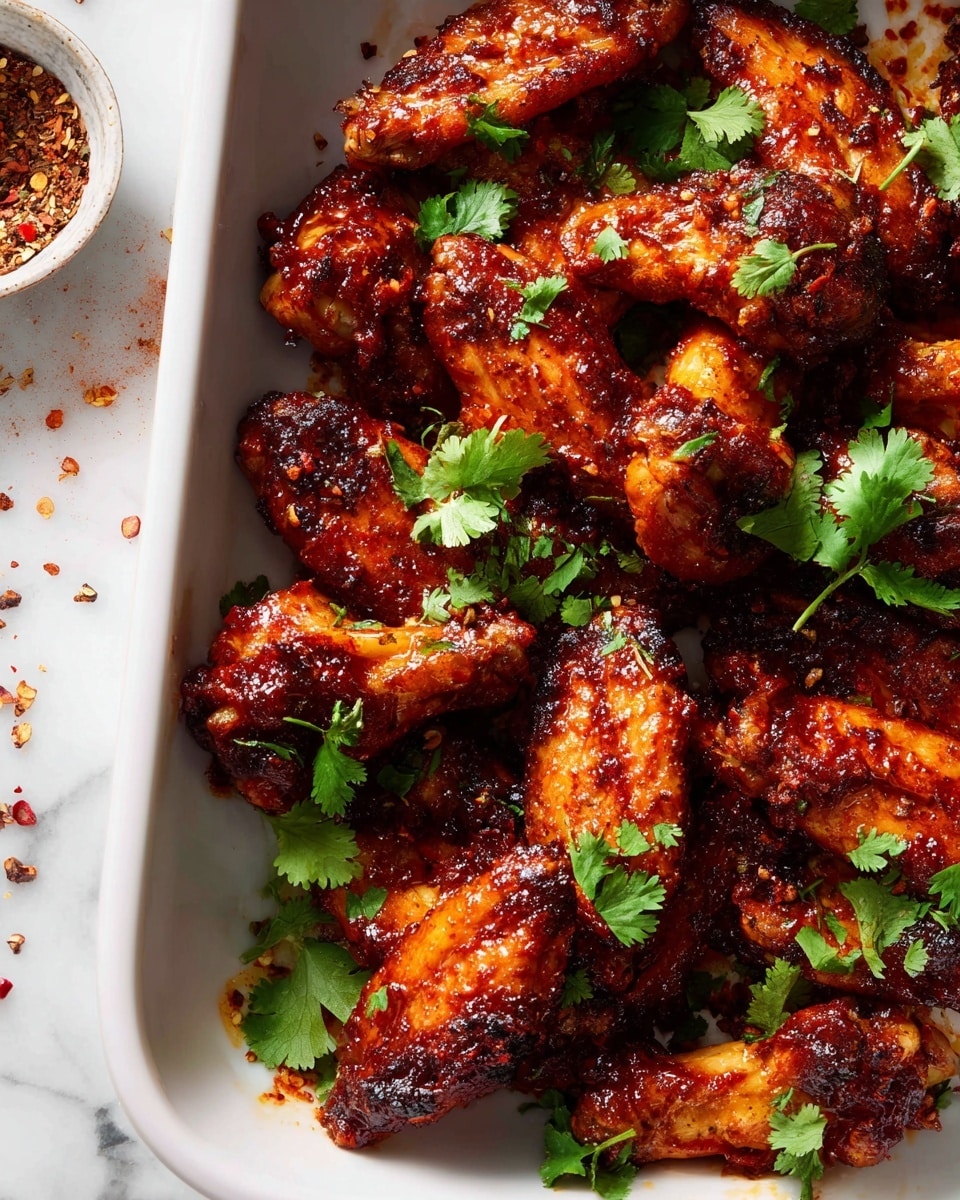 Large white rectangular baking dish filled with a full batch of glossy, richly glazed chicken wings, each wing perfectly caramelized with a vibrant reddish-brown sauce and sprinkled with fresh green cilantro leaves, some spices scattered nearby on the white marble surface, shot from a 3/4 angle with natural lighting to highlight the juicy texture and appetizing sheen, professional food magazine style hero shot photo taken with an iphone --ar 4:5 --v 7