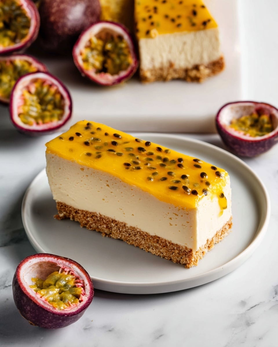 Whole rectangular passion fruit cheesecake on a large white serving platter, featuring a smooth, creamy base topped with glossy vibrant yellow passion fruit glaze speckled with black seeds, edges neatly finished and entire cake fully intact, styled with halved fresh passion fruits around the platter, photorealistic with natural lighting on a white marble countertop, professional food magazine hero shot, photo taken with an iphone --ar 4:5 --v 7