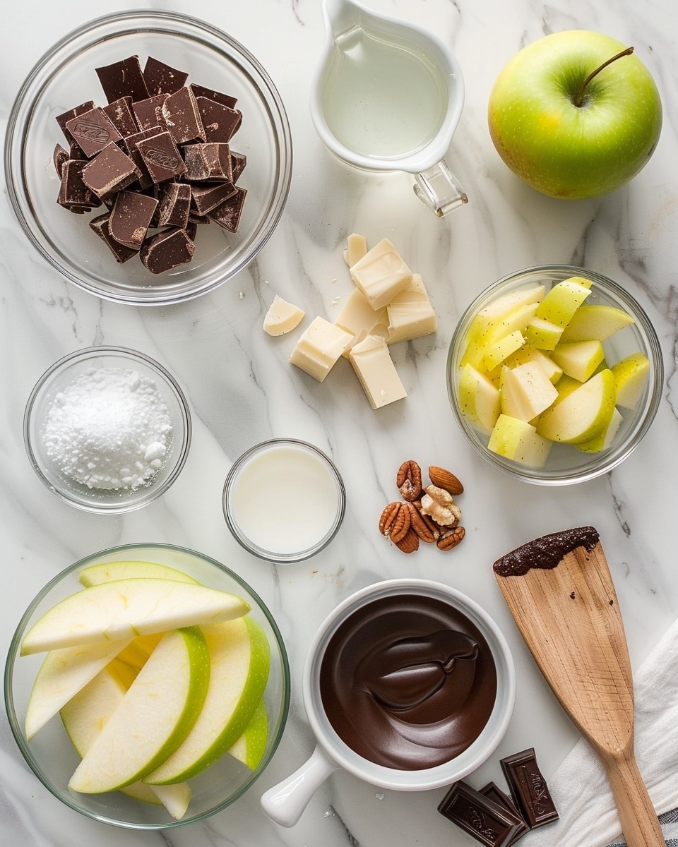 Single white plate showing one square serving of chocolate bark topped with visible chopped green apple slices, crunchy pretzel pieces, and drizzles of melted chocolate and caramel, close-up angled shot emphasizing the glossy chocolate surface with visible layers of nuts and apple fragments, placed on white marble background with natural light, styled like a food blog photo taken with an iphone --ar 4:5 --v 7