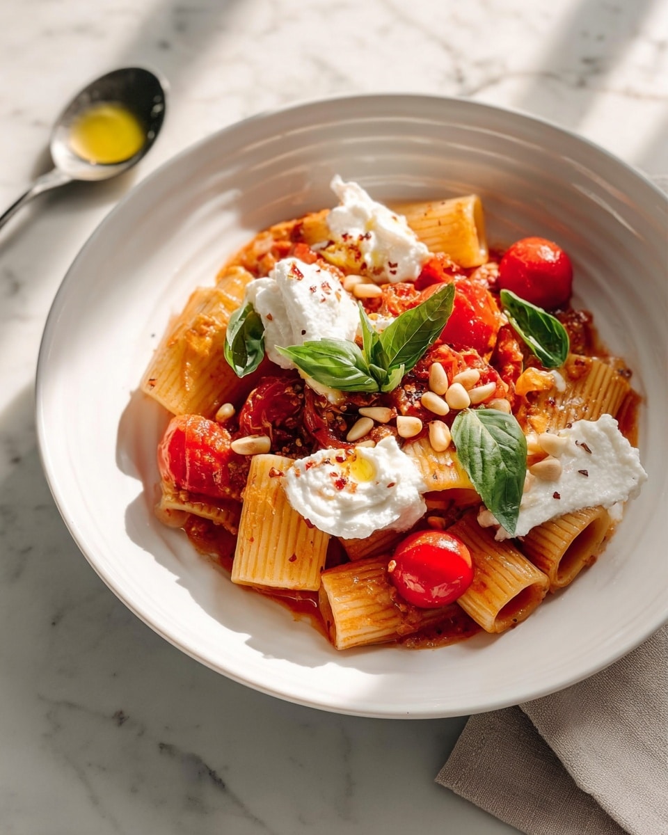 Large white serving bowl filled with a generous portion of rigatoni pasta tossed in a rich tomato sauce, topped with whole roasted cherry tomatoes, dollops of creamy ricotta cheese, and garnished with a few soft roasted garlic cloves and fresh basil leaves, presented as a full meal in a pristine white bowl on a white marble background, captured with natural lighting from a 3/4 angle, professional food magazine hero shot photo taken with an iphone --ar 4:5 --v 7