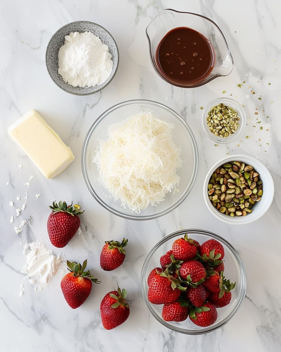 A single white plate with one neatly sliced portion of a layered dessert showcasing vibrant red strawberry slices, rich glossy chocolate layers flowing down the side, and green matcha-soaked shredded topping revealing its textured interior, arranged elegantly with a sprinkle of crushed pistachios for garnish, natural sunlight illuminating the vivid colors and intricate layers on a white marble background, intimate close-up shot emphasizing depth and texture, styled as a ready-to-eat plated serving, photo taken with an iphone --ar 4:5 --v 7