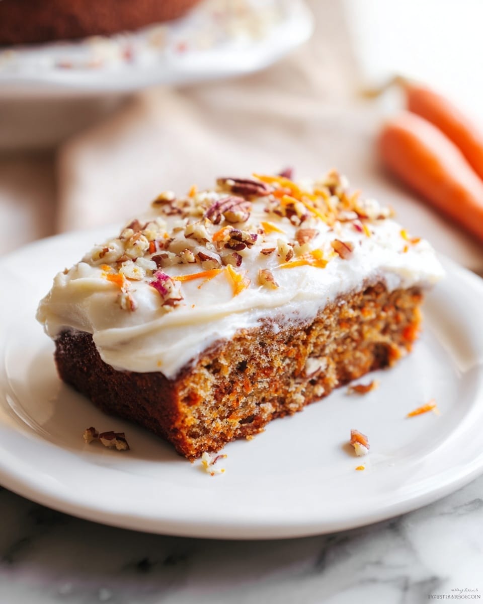Entire rectangular carrot cake loaf on a white plate, fully frosted with creamy white icing, generously topped with chopped pecans and grated orange carrot pieces scattered across the surface, showing the complete uncut cake with a moist and textured crumb visible beneath the frosting, photographed from a 3/4 angle on a white marble background with natural lighting, styled as a professional food magazine hero shot, photo taken with an iphone --ar 4:5 --v 7