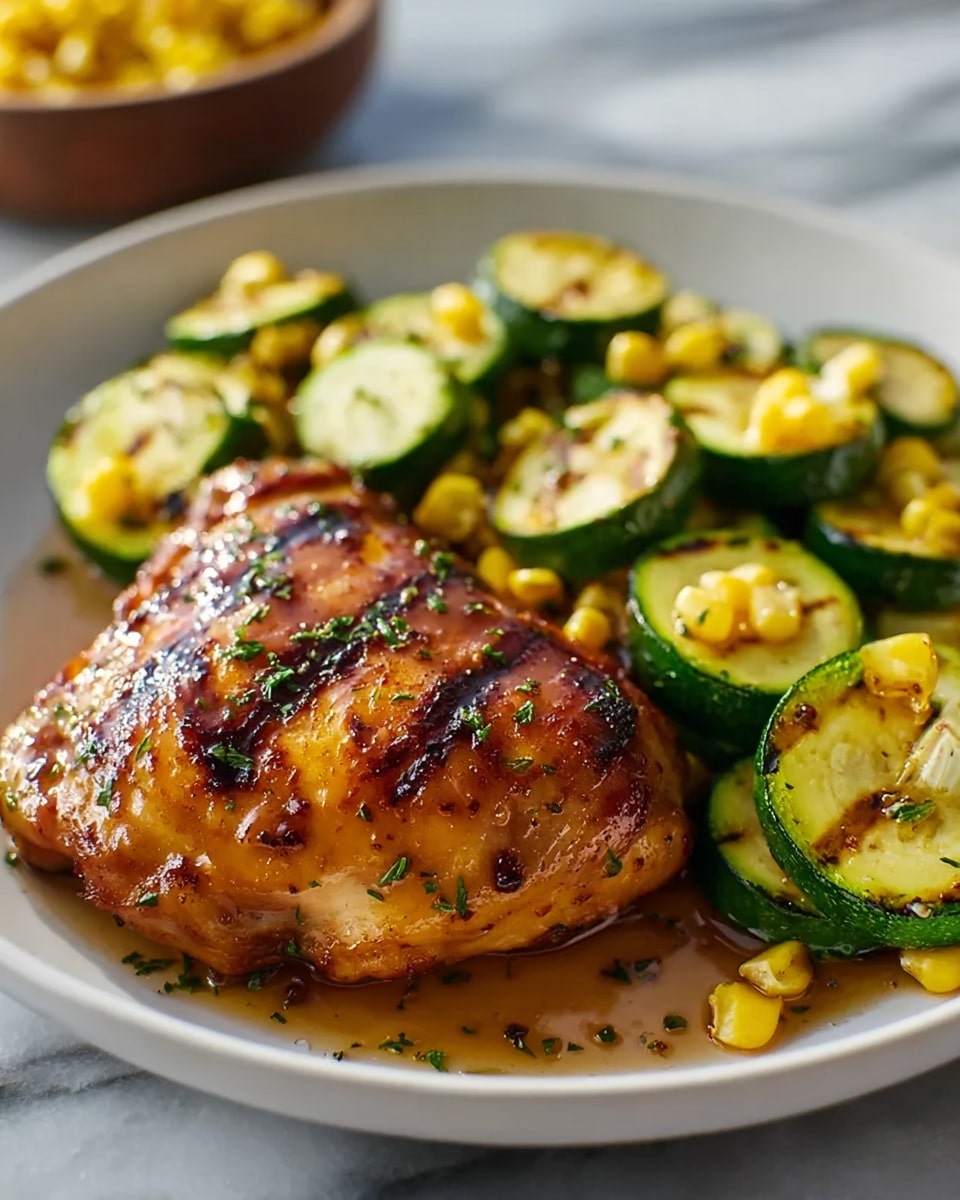 Large white baking dish filled with multiple golden-browned chicken thighs nestled among a vibrant medley of sautéed zucchini rounds, corn kernels, and diced vegetables, all seasoned with fresh herbs and a sprinkle of crushed red pepper flakes, glistening under natural light on a white marble countertop, professional 3/4 angle food magazine style photo taken with an iphone --ar 4:5 --v 7