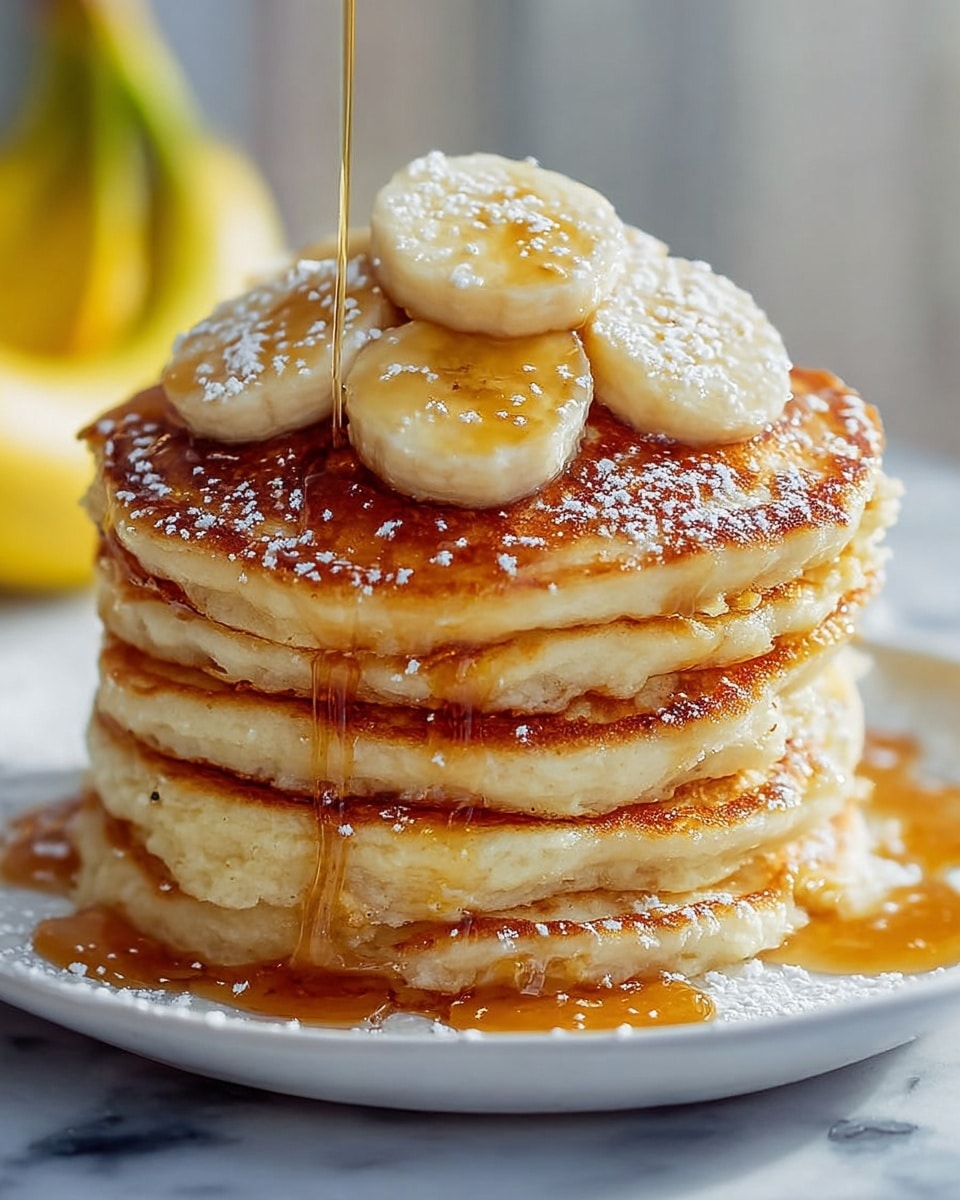 A large white plate showcasing a tall stack of fluffy golden-brown pancakes, each perfectly cooked with light crispy edges, generously drizzled with amber maple syrup cascading down the sides, topped with several round slices of fresh banana, and sprinkled with a delicate dusting of powdered sugar, arranged on a white marble countertop under natural lighting, styled like a hero food magazine shot, photo taken with an iphone --ar 4:5 --v 7
