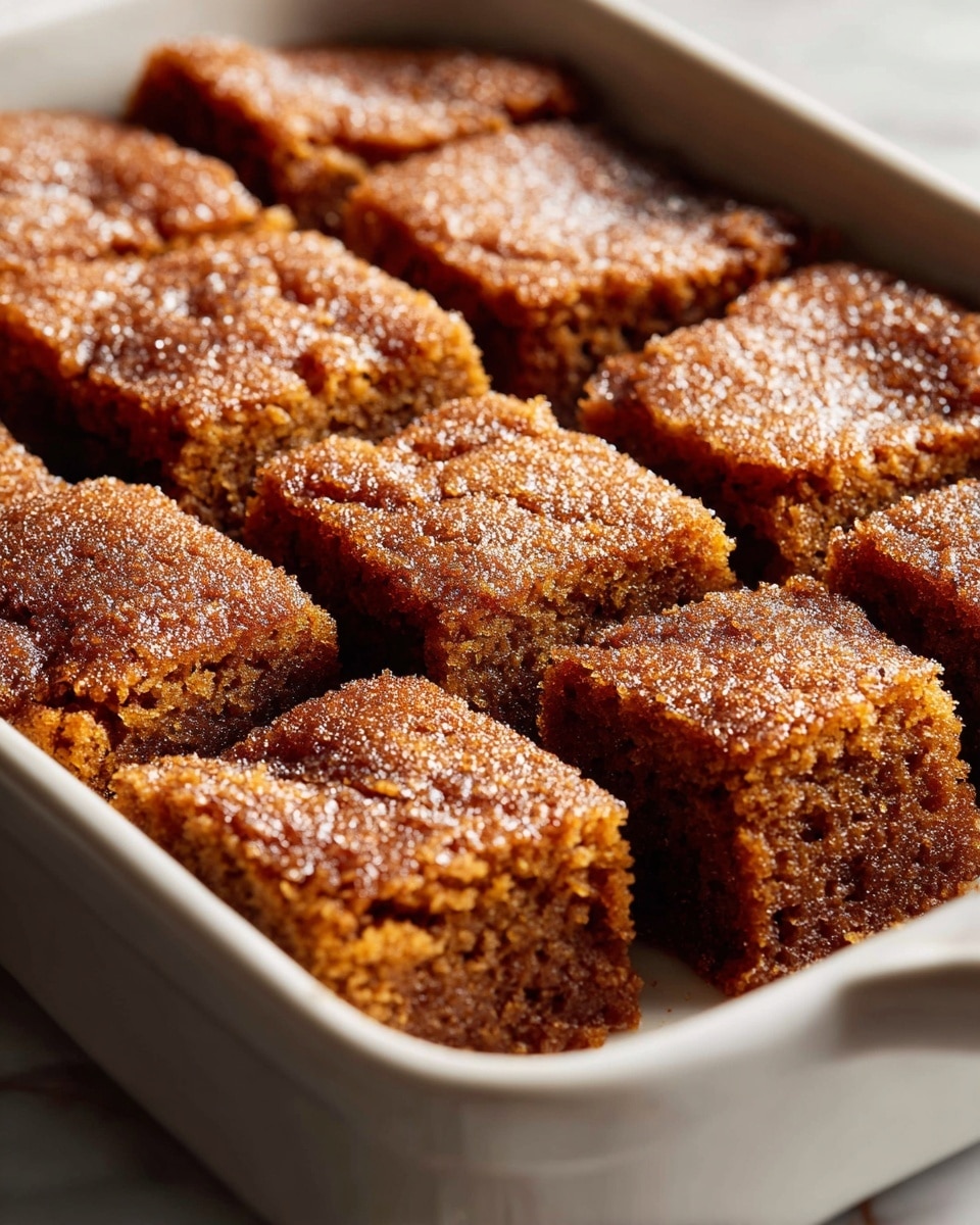 White rectangular baking dish filled with a whole batch of moist, golden brown sweet cinnamon blondies, the surface glistening with a sparkling sugar and cinnamon crust, each square neatly scored but uncut, showing the textured crumb and rich color, photographed from a 3/4 angle on a white marble countertop with natural lighting, professional food styling photo taken with an iphone --ar 4:5 --v 7