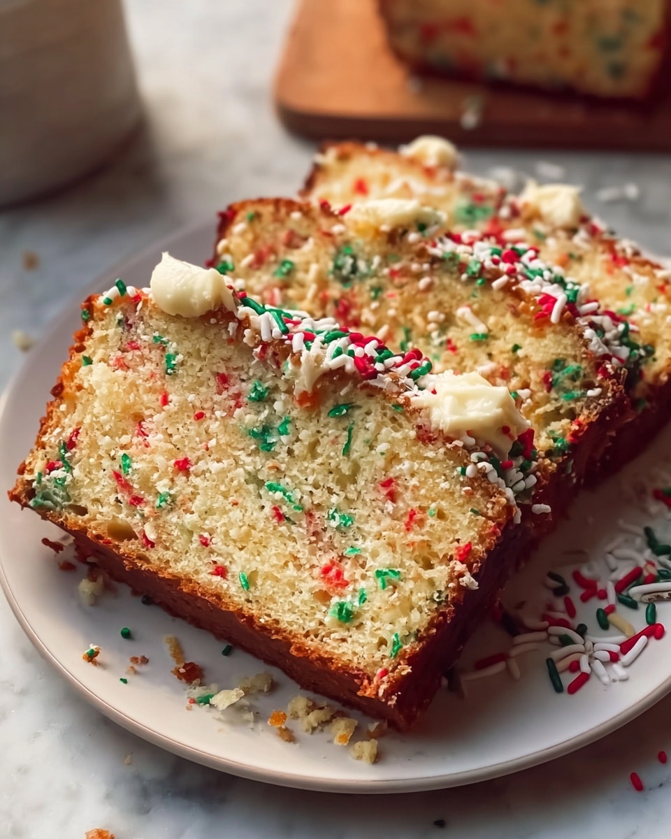 Whole festive loaf cake presented on a large white rectangular platter, fully decorated with red, green, and white sprinkles and topped with evenly spaced dollops of white frosting, the cake showing a soft golden texture embedded with colorful sprinkles inside, whole loaf displayed from a 3/4 angle on a white marble countertop under natural lighting, styled like a hero shot from a food magazine photo taken with an iphone --ar 4:5 --v 7
