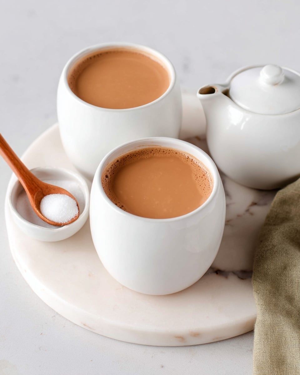 Two elegant white ceramic cups filled to the brim with rich, creamy masala chai tea, accompanied by a small white dish of sugar with a wooden spoon and a white ceramic teapot nearby, all arranged neatly on a large white marble tray with soft natural lighting highlighting their smooth surfaces, professional food styling photo taken with an iphone --ar 4:5 --v 7