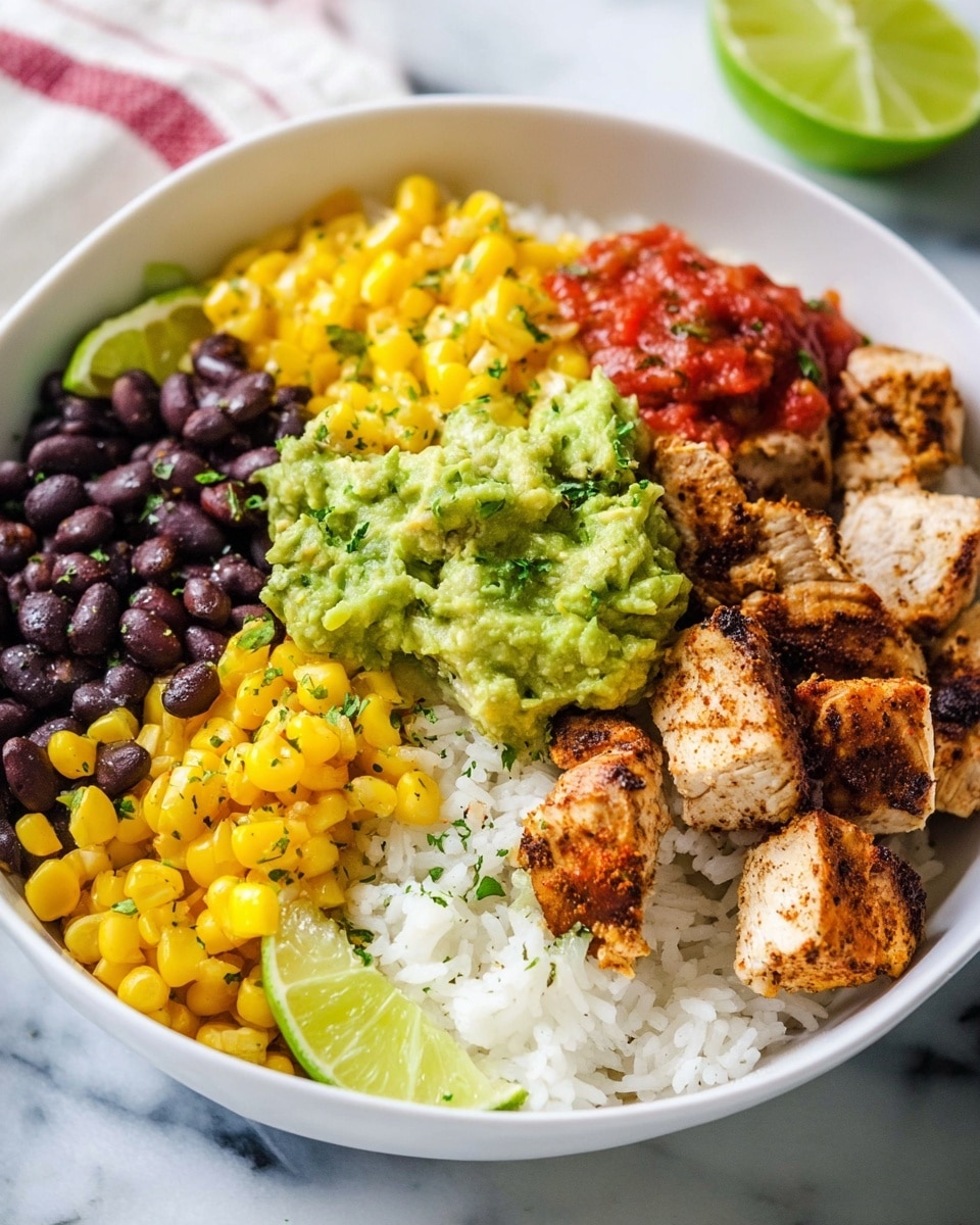 Large white serving bowl filled with a complete chicken burrito bowl featuring a generous portion of fluffy cilantro-lime rice as the base, surrounded by bright yellow corn kernels, tender black beans, chunks of seasoned grilled chicken, vibrant green guacamole, and fresh red tomato salsa, garnished with a lime wedge and sprinkled lightly with fresh cilantro, arranged to showcase all components together in a full, abundant presentation, photographed at a professional 3/4 angle on a white marble countertop with natural lighting, like a hero food magazine shot, photo taken with an iphone --ar 4:5 --v 7