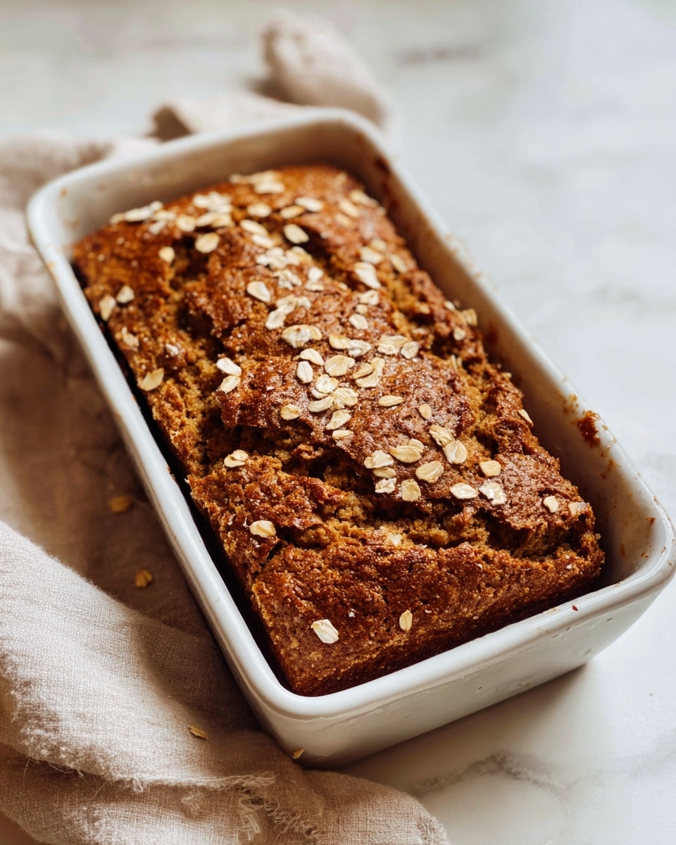 Large white rectangular baking dish filled with whole freshly baked spiced oat loaf, golden brown crust topped with scattered raw oats, showing a rustic, hearty texture, photographed from a 3/4 angle on a white marble countertop, natural lighting highlights the warm tones, professional food styling photo taken with an iphone --ar 4:5 --v 7