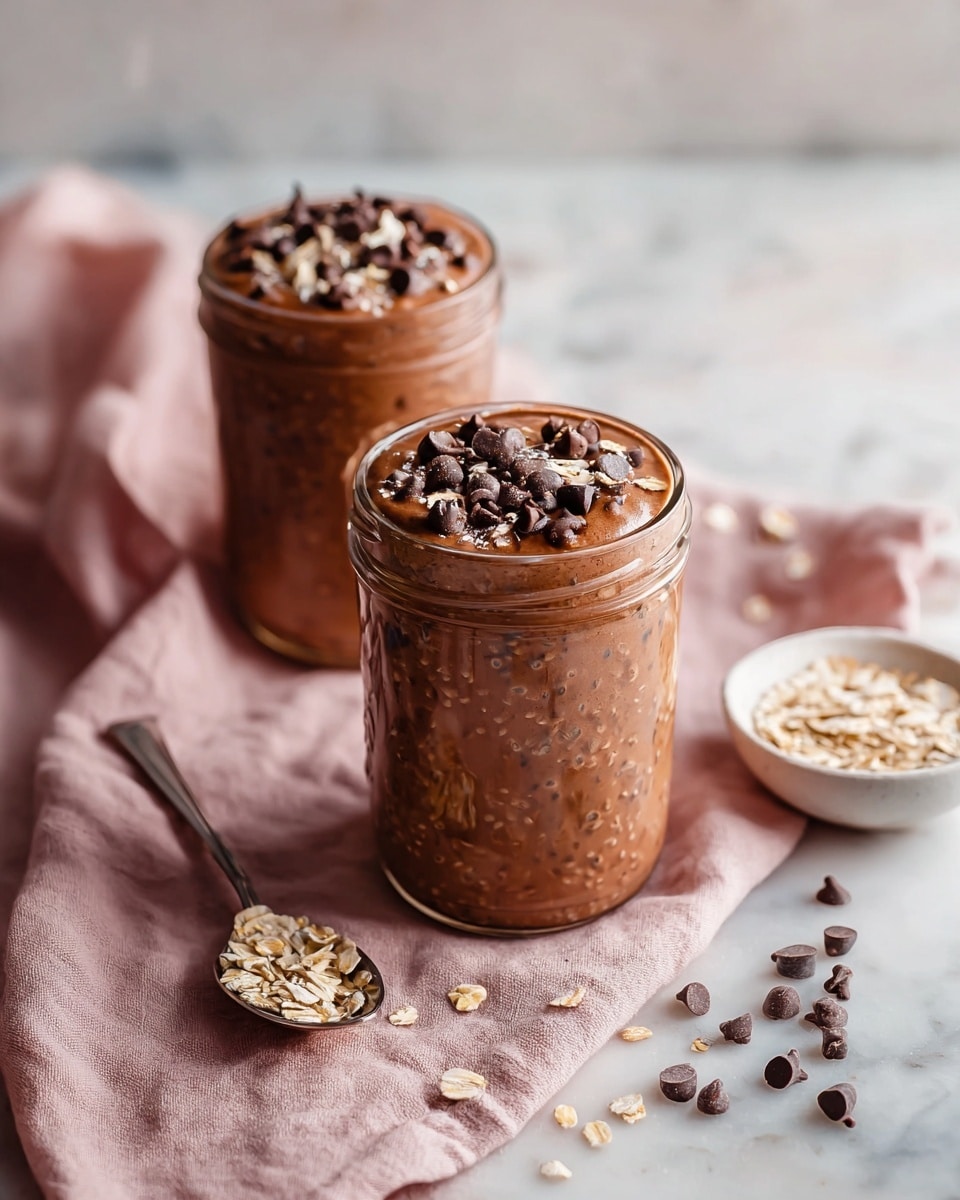 Two full glass jars filled with rich chocolate overnight oats, topped generously with scattered chocolate chips and sprinkled with rolled oats, placed on a soft pink cloth over a clean white marble countertop, accompanied by a small white bowl filled with oats and additional chocolate chips spread around, natural lighting highlighting the creamy texture and inviting colors, professional food magazine hero shot taken with an iphone --ar 4:5 --v 7