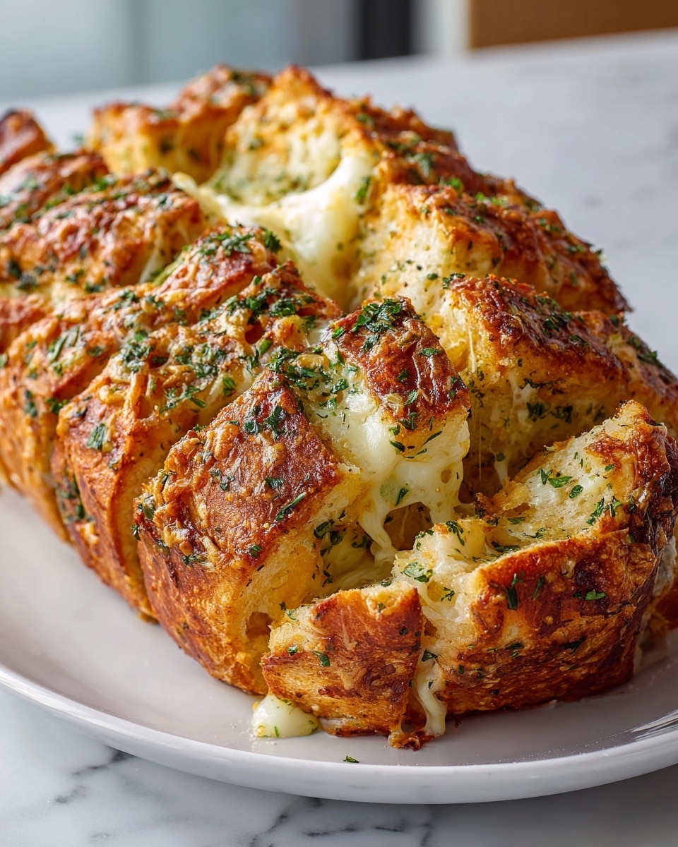 Whole large white plate holding a complete freshly baked pull-apart garlic and herb cheese bread loaf, golden brown crust with melted cheese and speckled with dried parsley and herbs, the entire loaf showing fluffy and soft interior layers with gooey melted cheese inside each section, whole dish photographed from a 3/4 angle on a white marble countertop with natural lighting, professional food magazine hero shot photo taken with an iphone --ar 4:5 --v 7