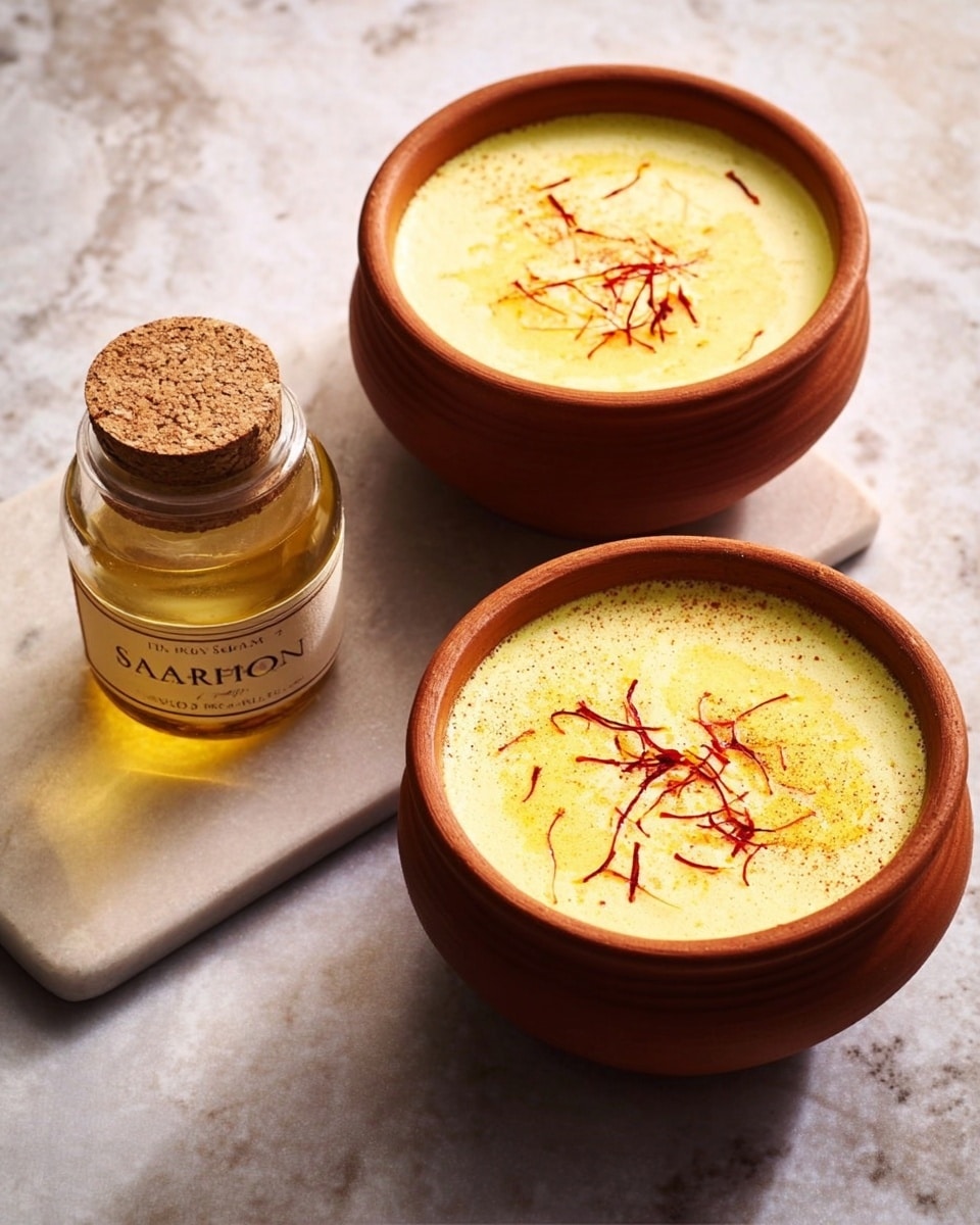 Two large white ceramic bowls filled with creamy saffron kheer, topped with delicate strands of saffron visible on the surface, arranged side by side on a clean white marble countertop, accompanied by a small glass jar of saffron with a cork lid, shot from a 3/4 angle in natural lighting for a vibrant, professional food magazine hero shot, whole presentation captured in frame, photo taken with an iphone --ar 4:5 --v 7