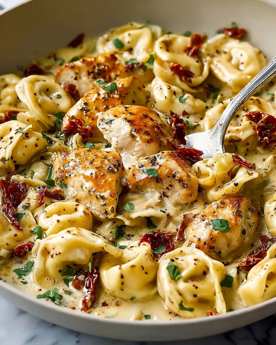Large white skillet filled with a creamy, rich tortellini pasta dish, featuring plump cheese-filled tortellini and golden-browned pieces of chicken, generously coated in a velvety sauce speckled with cracked black pepper, garnished with chopped fresh herbs and scattered sun-dried tomatoes, photographed from a 3/4 angle on a white marble countertop, natural lighting, professional food styling photo taken with an iphone --ar 4:5 --v 7