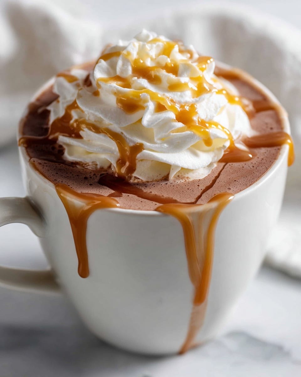 Large white mug filled to the brim with rich hot chocolate topped with a generous swirl of whipped cream drizzled with glossy caramel sauce overflowing slightly down the sides, accompanied by multiple stacked caramel biscuit cookies on a matching white saucer, presented on a white marble surface in natural light, hero shot style from a 3/4 angle, professional food photography photo taken with an iphone --ar 4:5 --v 7