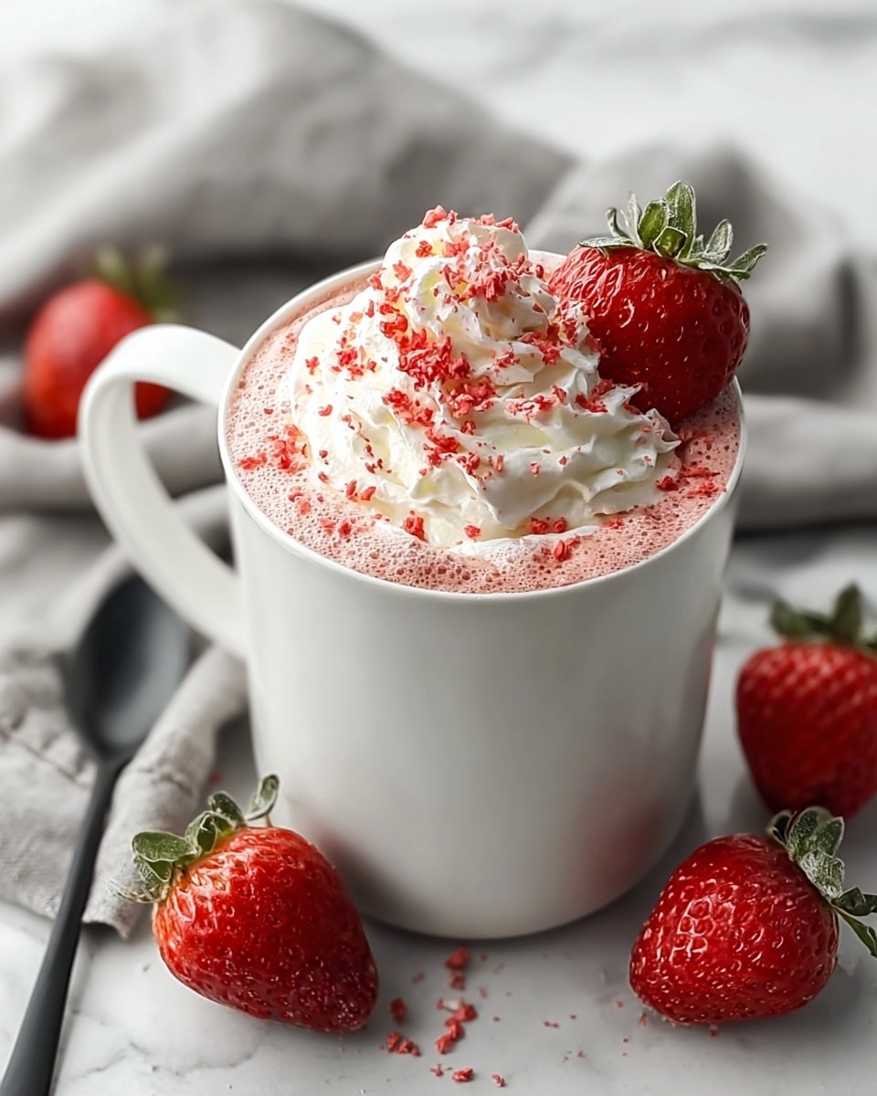 Large white mug filled with frothy strawberry hot chocolate topped generously with whipped cream and a whole fresh strawberry, sprinkled with crushed freeze-dried strawberry pieces, surrounded by several ripe strawberries on a white marble countertop with a soft grey cloth and black spoon nearby, natural lighting, professional food magazine hero shot, photo taken with an iphone --ar 4:5 --v 7