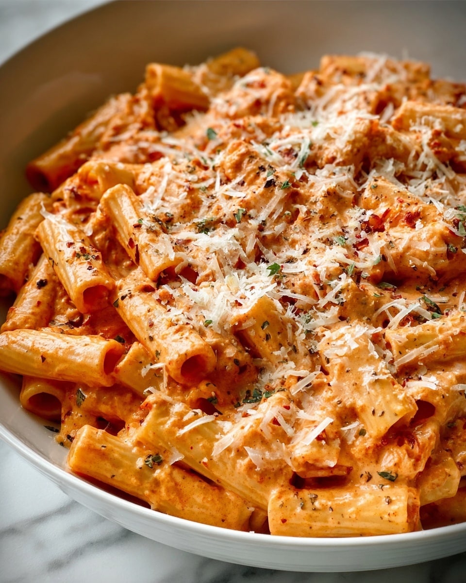 Large white ceramic bowl filled with creamy rigatoni pasta tossed in a rich, smooth tomato cream sauce infused with herbs and dotted with small pieces of diced tomatoes, the pasta perfectly coated and glistening, photographed from a 3/4 angle on a white marble countertop under natural light, styled as a professional food magazine hero shot, photo taken with an iphone --ar 4:5 --v 7