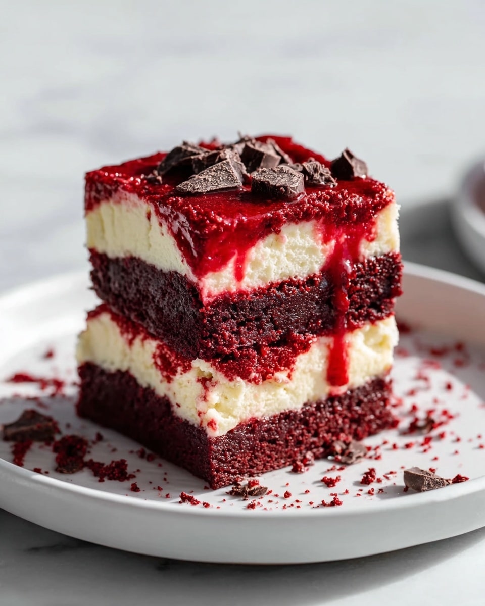 Large white rectangular baking pan filled with a whole batch of red velvet cheesecake brownie bars, showcasing a rich, deep red velvet base layered evenly with creamy white cheesecake swirled with vibrant red fruit filling, topped with a cracked golden-brown crust and scattered chocolate chips, entire pan photographed with natural light on a white marble countertop, professional food magazine hero shot photo taken with an iphone --ar 4:5 --v 7