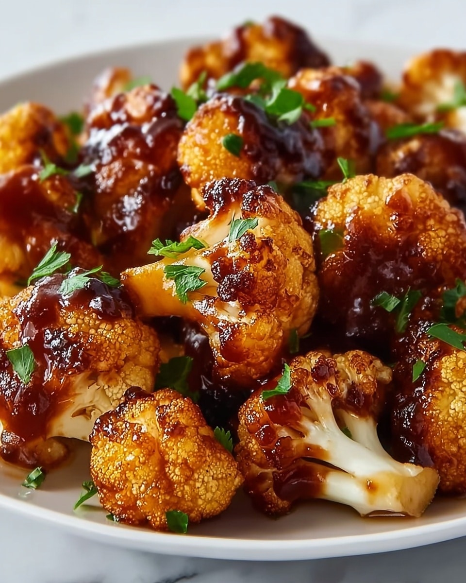 Large white serving bowl filled with a generous portion of crispy, glazed cauliflower florets coated in a shiny, rich barbecue sauce, garnished with chopped fresh parsley and green onions, every piece perfectly cooked and caramelized, whole dish shown from a 3/4 angle on a white marble countertop, bathed in natural light, styled as a striking hero food magazine shot, photo taken with an iphone --ar 4:5 --v 7