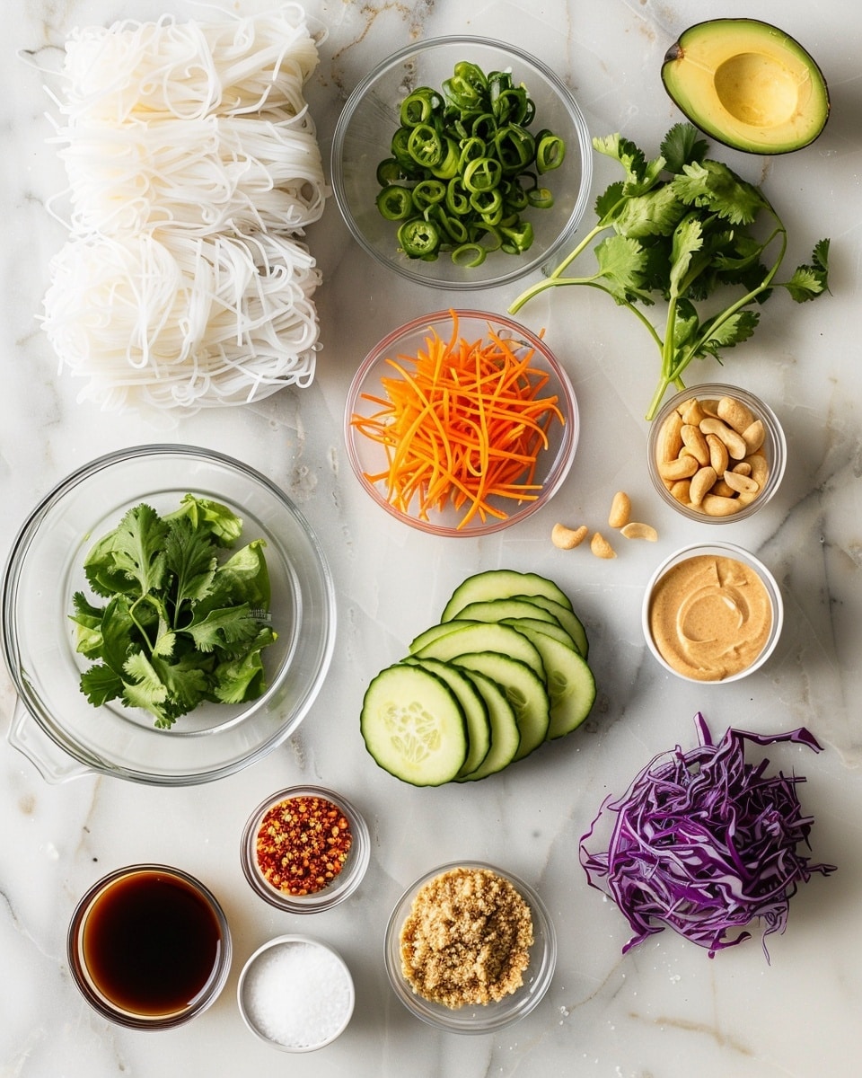 Single white plate showing one fresh spring roll sliced in half, exposing vibrant layers of shredded purple cabbage, julienned carrots, avocado slices, cucumber strips, and fresh herbs wrapped in translucent rice paper, sprinkled with black and white sesame seeds, accompanied by a small white bowl of rich peanut dipping sauce garnished with sesame seeds, all set on a white marble surface with natural light highlighting the fresh textures, intimate plated serving photo taken with an iphone --ar 4:5 --v 7