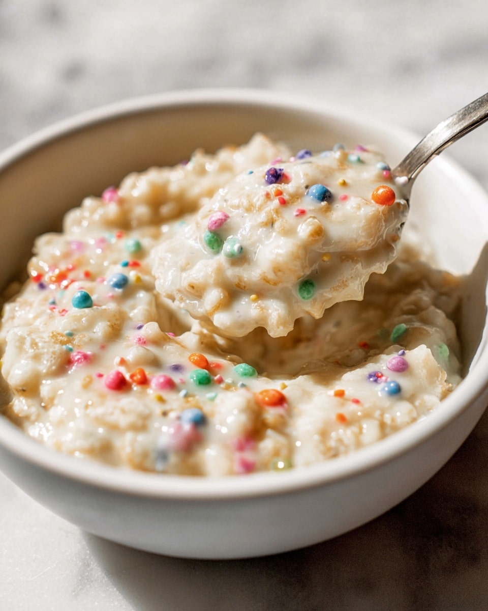 Large white ceramic bowl filled with a full batch of creamy, freshly made rice cereal treats mixed with colorful rainbow sprinkles, showing a generous portion of the gooey, sticky texture with a glossy finish, whole dish presented on a white marble countertop, captured in natural light with a professional 3/4 angle food photography style, photo taken with an iphone --ar 4:5 --v 7