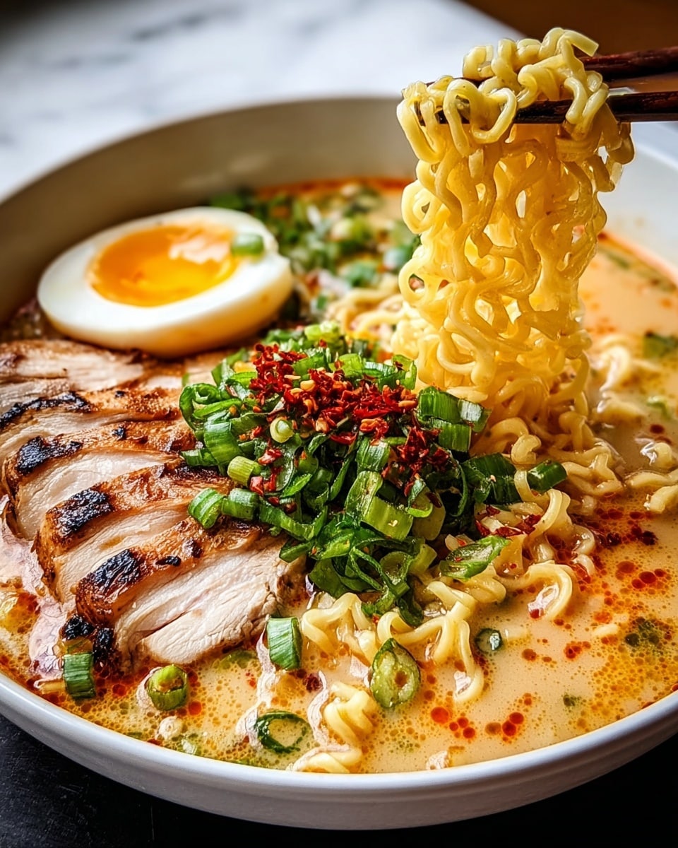 Large white bowl filled with steaming tonkotsu ramen in rich, creamy broth, topped generously with perfectly grilled chashu pork slices, a soft-boiled egg halved, chopped green onions, and a sprinkle of spicy red chili flakes, whole bowl photographed at a 3/4 angle on a white marble countertop under natural lighting, professional food magazine hero shot photo taken with an iphone --ar 4:5 --v 7
