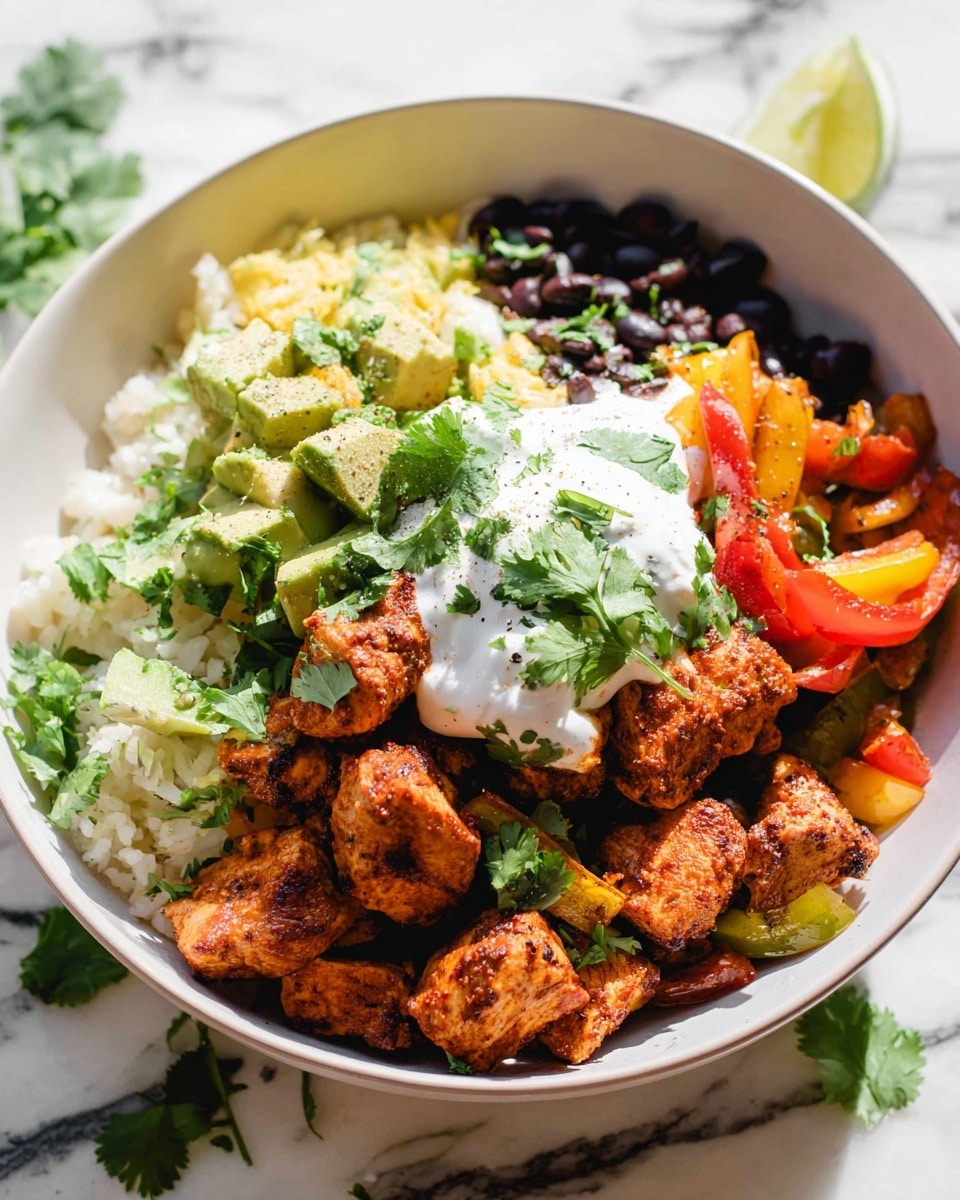Large white serving bowl filled with a vibrant and complete chicken fajita bowl, featuring tender, seasoned grilled chicken chunks atop a bed of fluffy cilantro-lime rice, accompanied by sautéed bell peppers in red, yellow, and green, black beans, dollops of creamy sour cream, and scattered chunks of fresh avocado, garnished with bright green cilantro leaves, whole dish photographed from a professional 3/4 angle on a white marble countertop with natural lighting, styled like a hero food magazine shot, photo taken with an iphone --ar 4:5 --v 7
