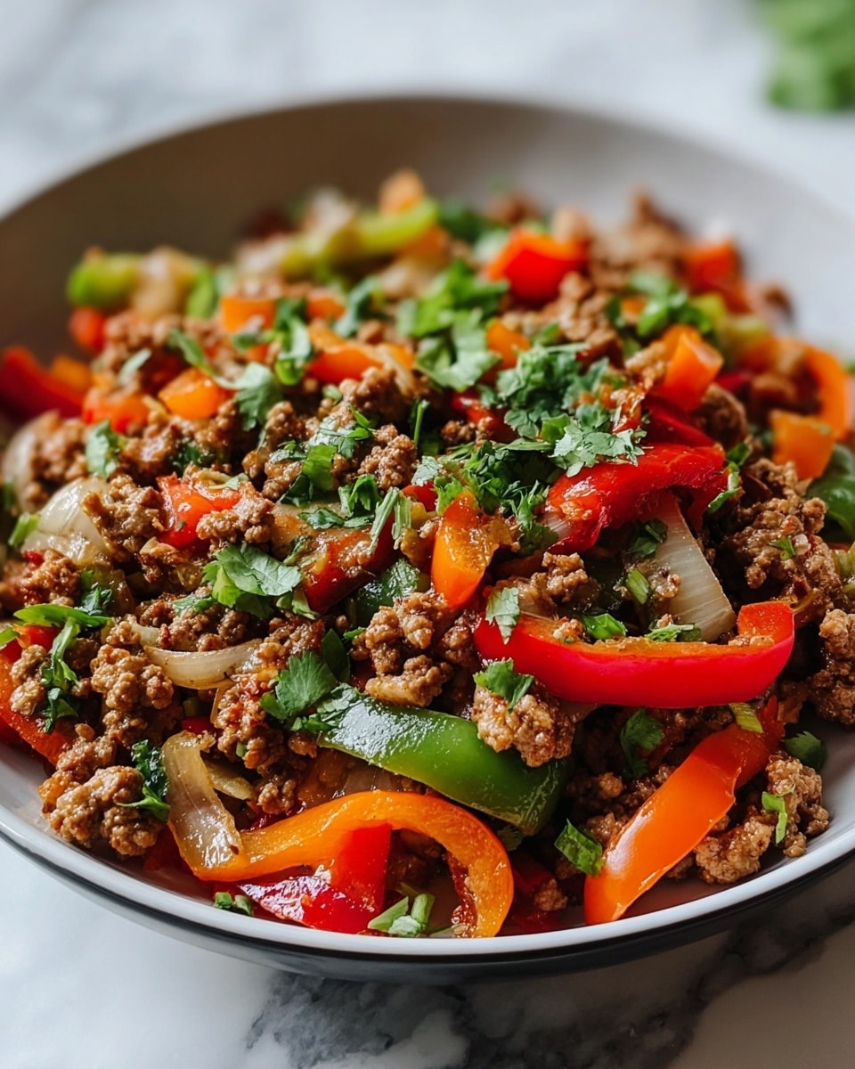 Large white serving pan filled with a vibrant and colorful ground meat stir-fry, featuring a generous mix of diced red, orange, and green bell peppers, along with chunks of translucent onions and fresh cilantro sprinkled on top, showcasing the entire dish in a professional 3/4 angle shot on a white marble countertop with soft natural lighting, styled as a food magazine hero photo taken with an iphone --ar 4:5 --v 7