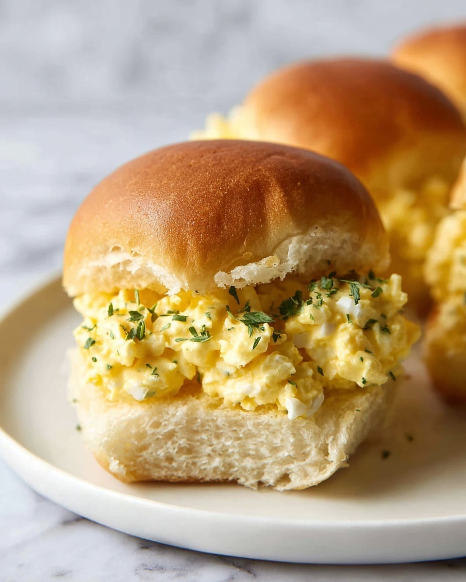A white serving platter filled with a full batch of freshly made egg salad sliders, featuring soft, golden brown slider buns generously filled with creamy, chunky classic egg salad mixed with chopped hard-boiled eggs, mayonnaise, and mustard, lightly sprinkled with fresh chopped herbs on top, arranged neatly on a white marble countertop under natural lighting, professional food styling photo taken with an iphone --ar 4:5 --v 7