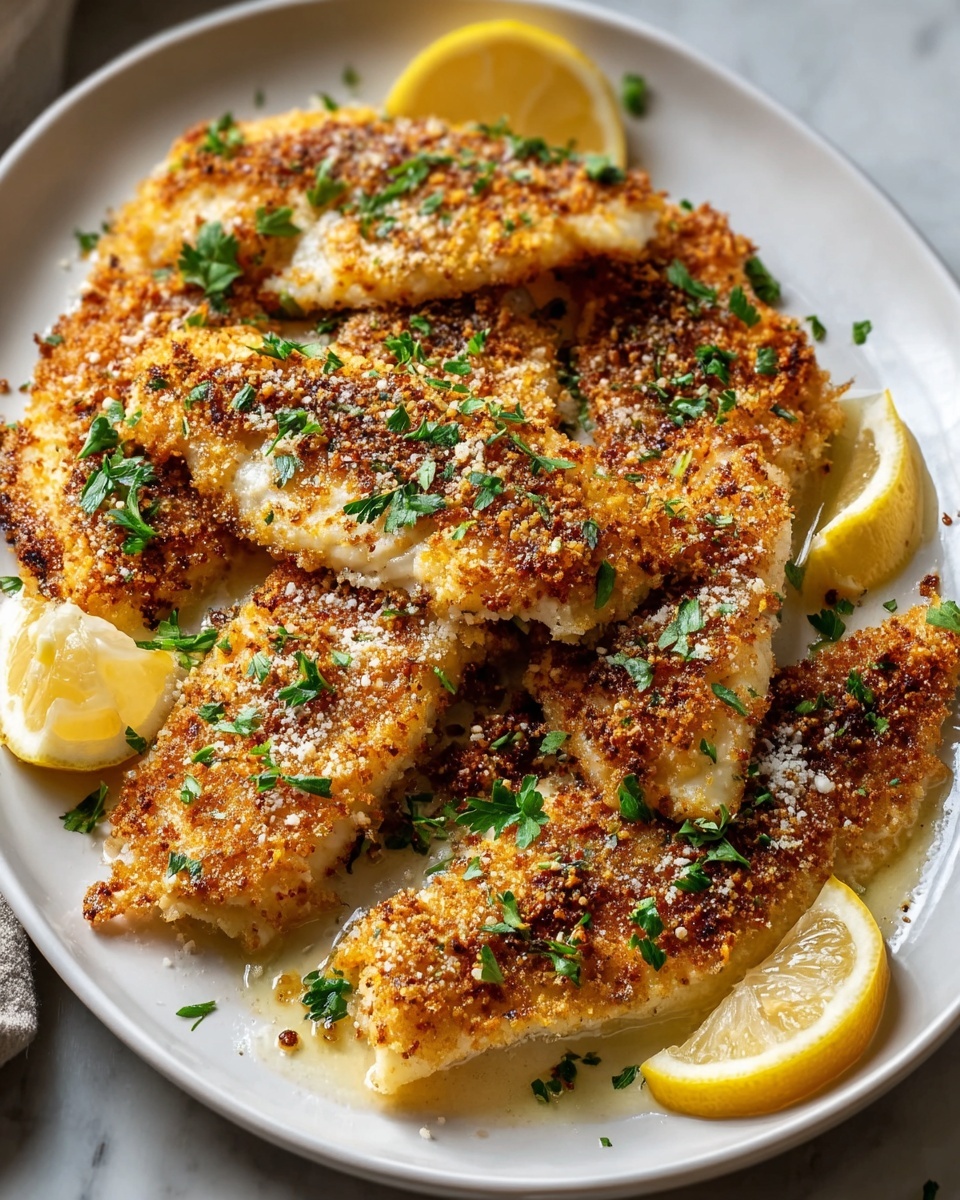 Large white oval serving platter filled with multiple golden-brown oven-baked parmesan-crusted fish fillets arranged neatly with a sprinkle of fresh chopped parsley and grated cheese, lemon wedges on the side, the whole dish presented on a white marble countertop, natural sunlight illuminating the crispy, seasoned crust for a professional food magazine hero shot, photo taken with an iphone --ar 4:5 --v 7