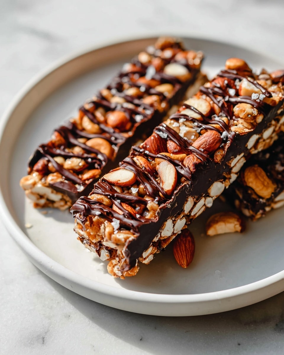 Large white rectangular baking tray filled with a dense, uncut nut and seed bar, packed with whole almonds, cashews, and puffed rice, generously drizzled with rich dark chocolate and lightly sprinkled with coarse sea salt crystals, photographed from a 3/4 angle on a white marble countertop with natural lighting, styled as a hero shot in a food magazine, photo taken with an iphone --ar 4:5 --v 7