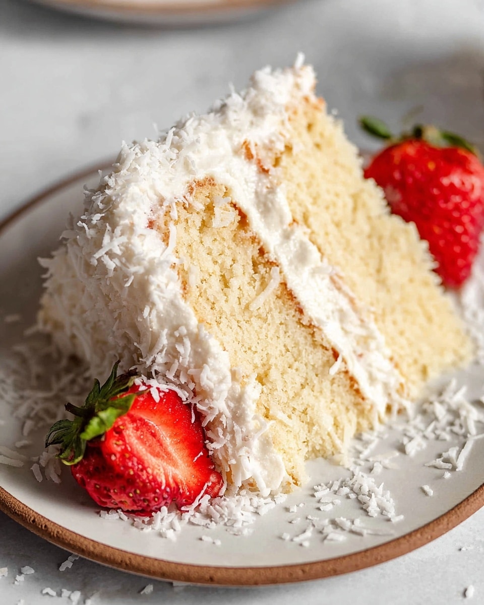Round white frosted coconut cake shown whole and uncut on a white cake stand with wooden base, fully covered in shredded coconut and generously topped with a pile of fresh halved strawberries, set against a white marble background with natural lighting, styled as a professional hero shot from a food magazine, photo taken with an iphone --ar 4:5 --v 7